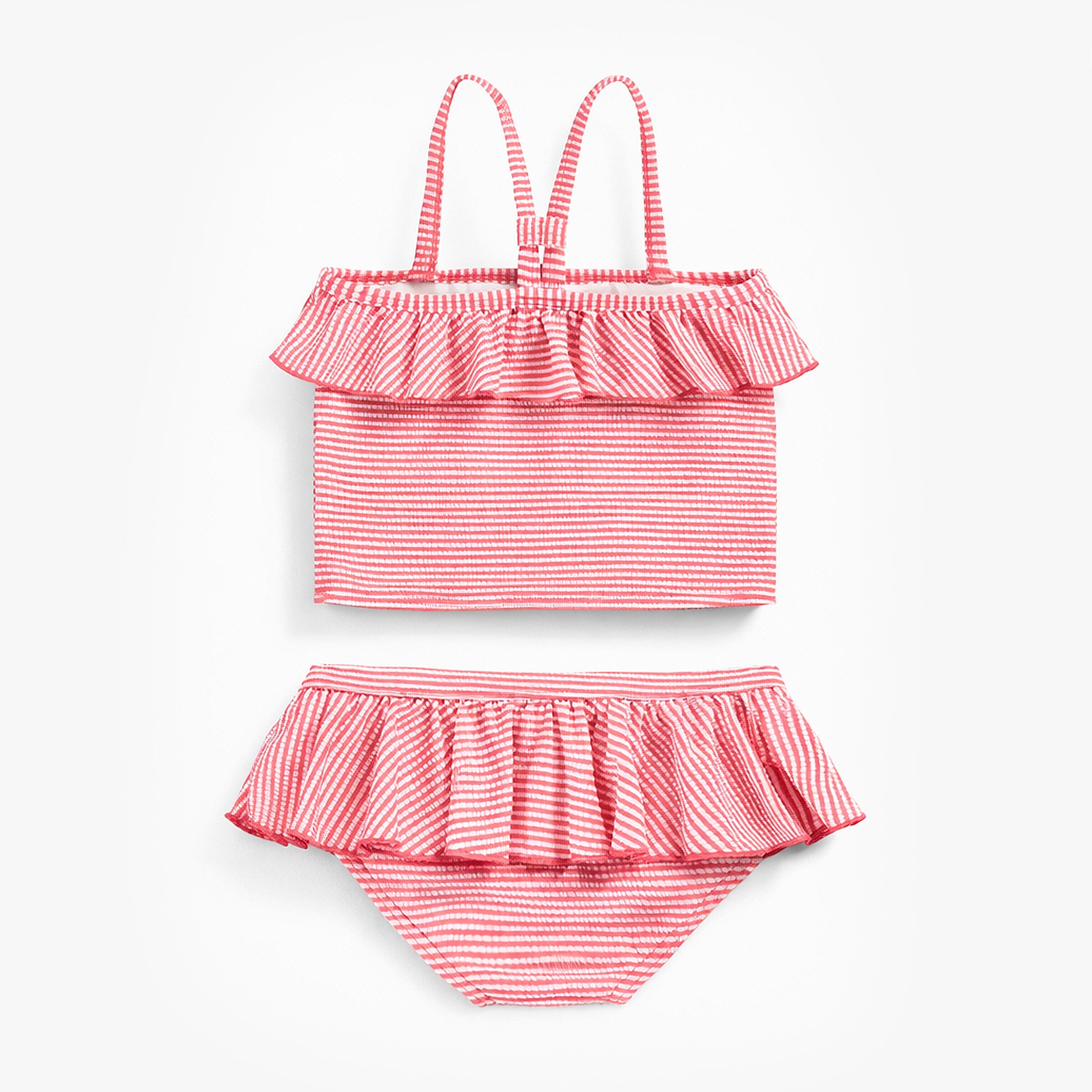 Vue-dos-zoom détails du maillot de bain deux pièces rose et crème à rayures, enfant