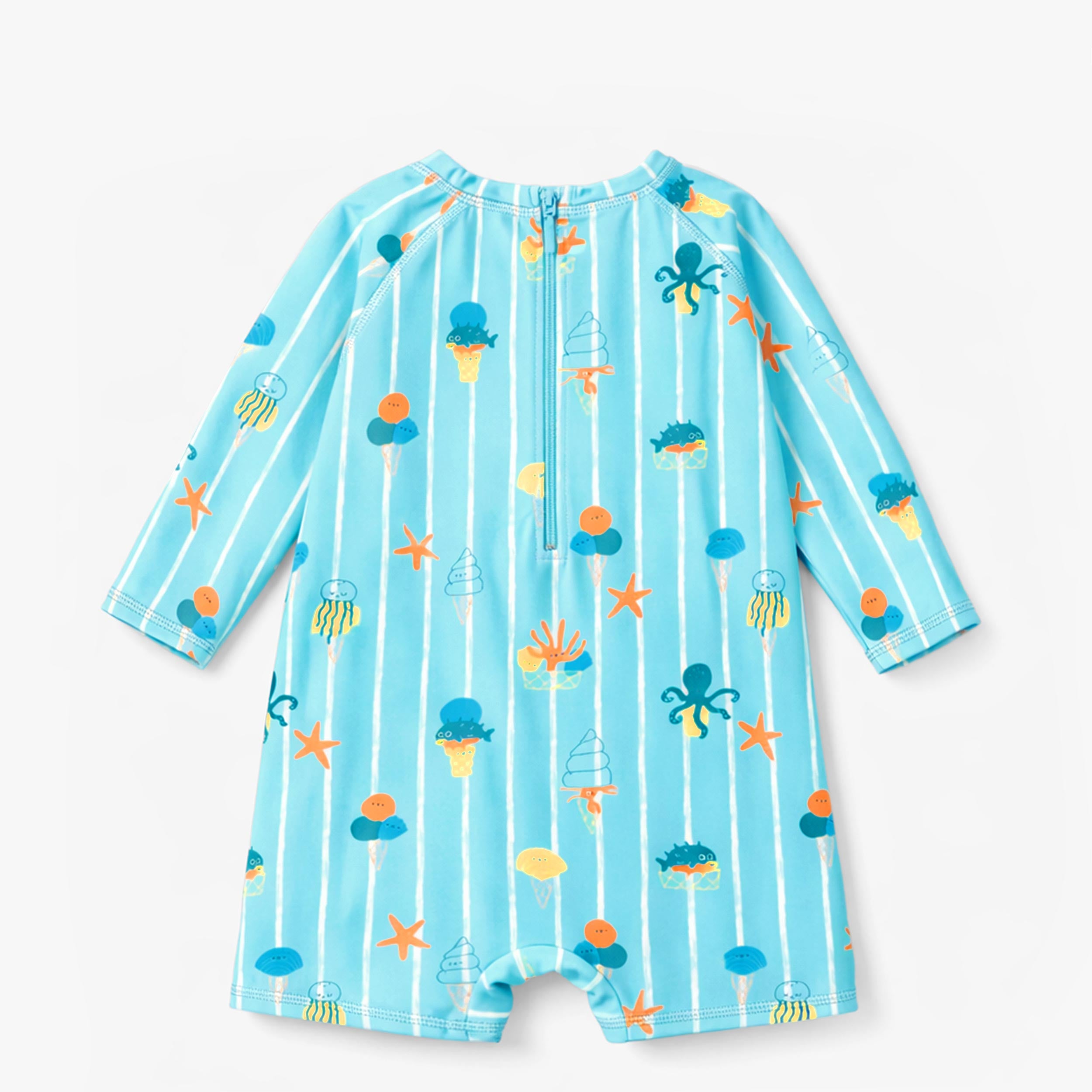 Dos du maillot de bain une pièce bleu avec rayures et motifs, bébé