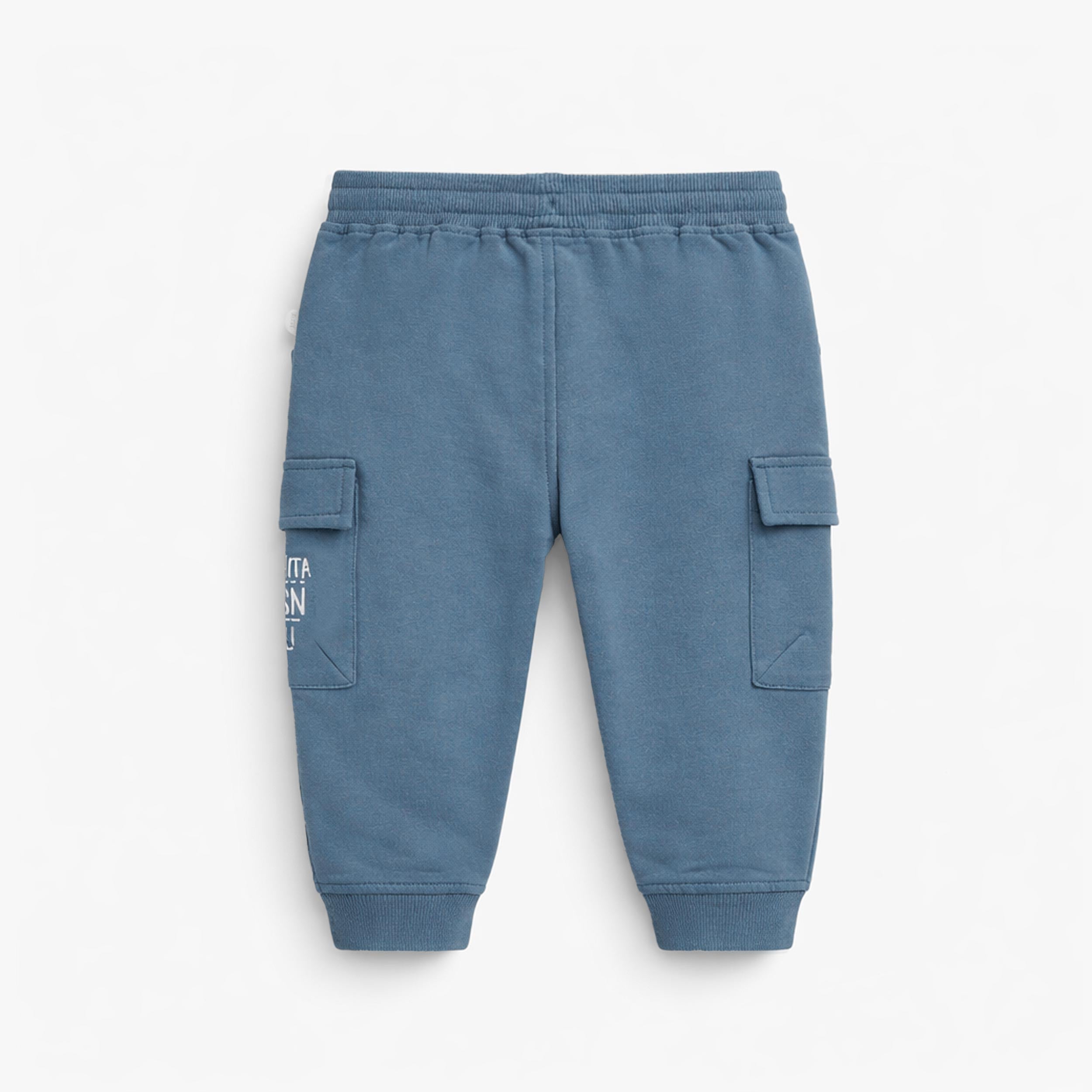 Dos du pantalon bleu style jogger, bébé