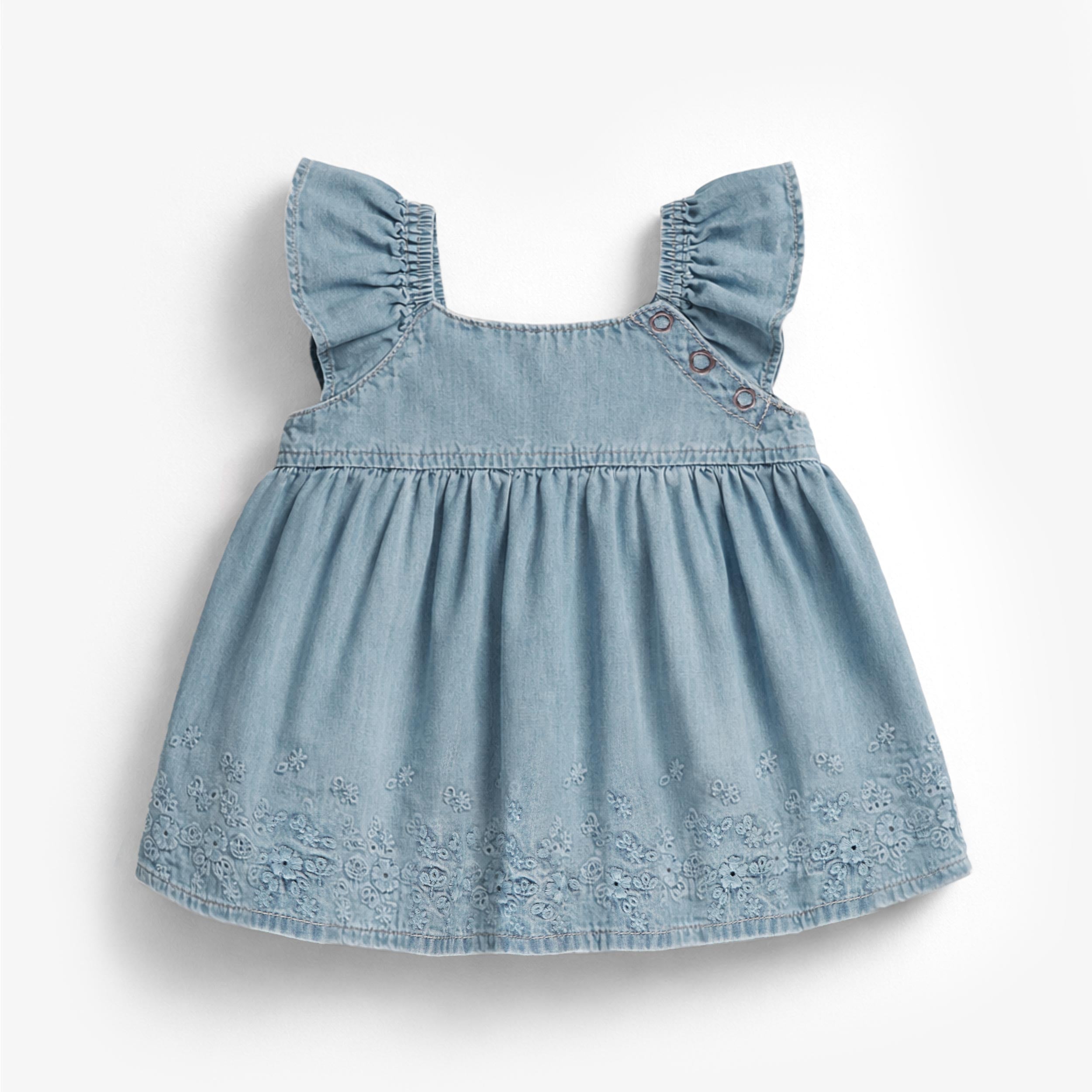 Dos de la robe et bloomer en denim avec broderie anglaise, naissance