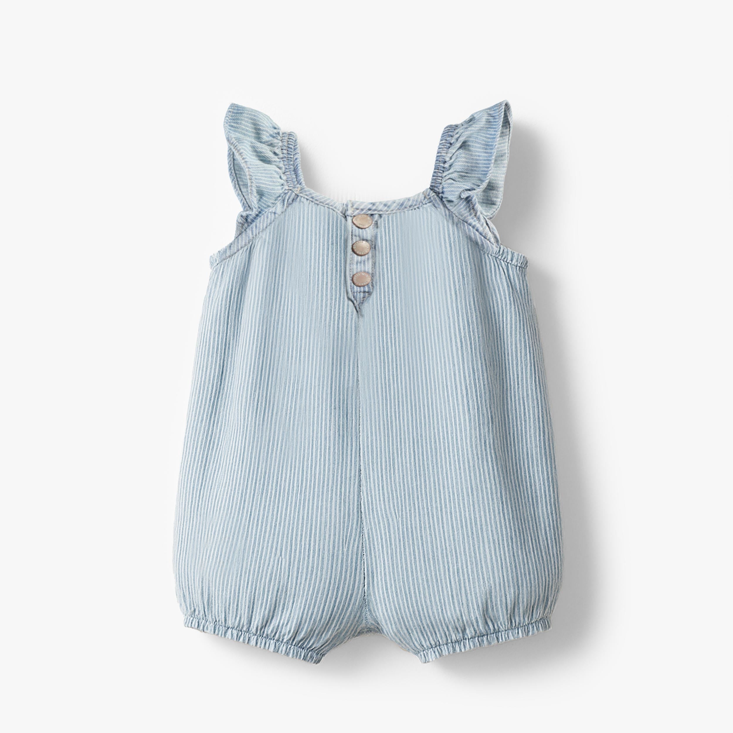 Dos de la salopette bleu pâle en denim à rayures, naissance