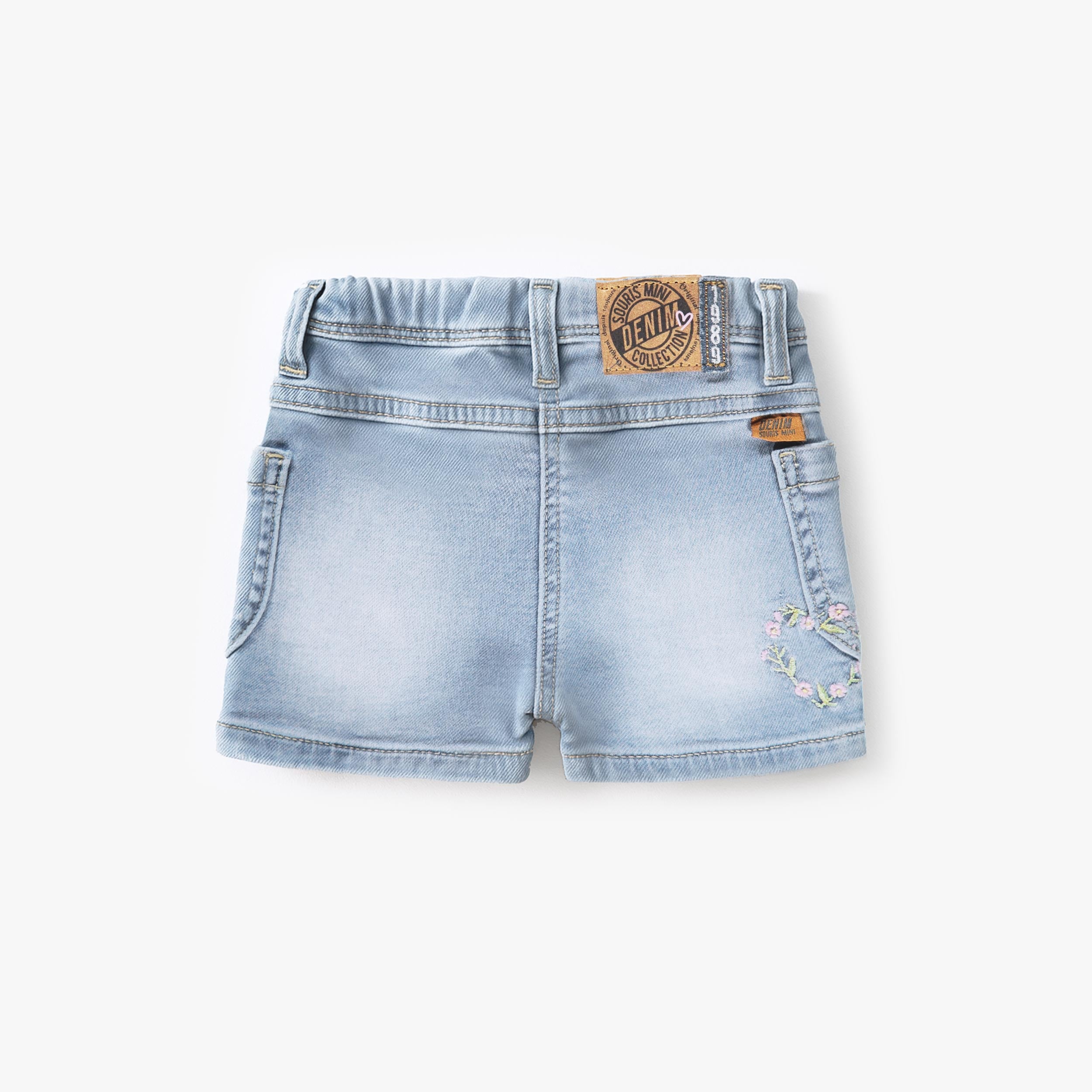 Dos du short bleu pâle en denim, bébé