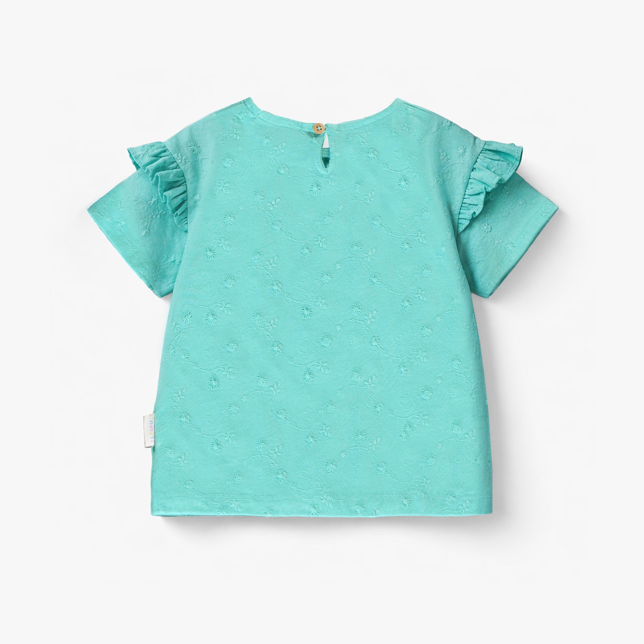 Dos du t-shirt turquoise avec broderies, bébé