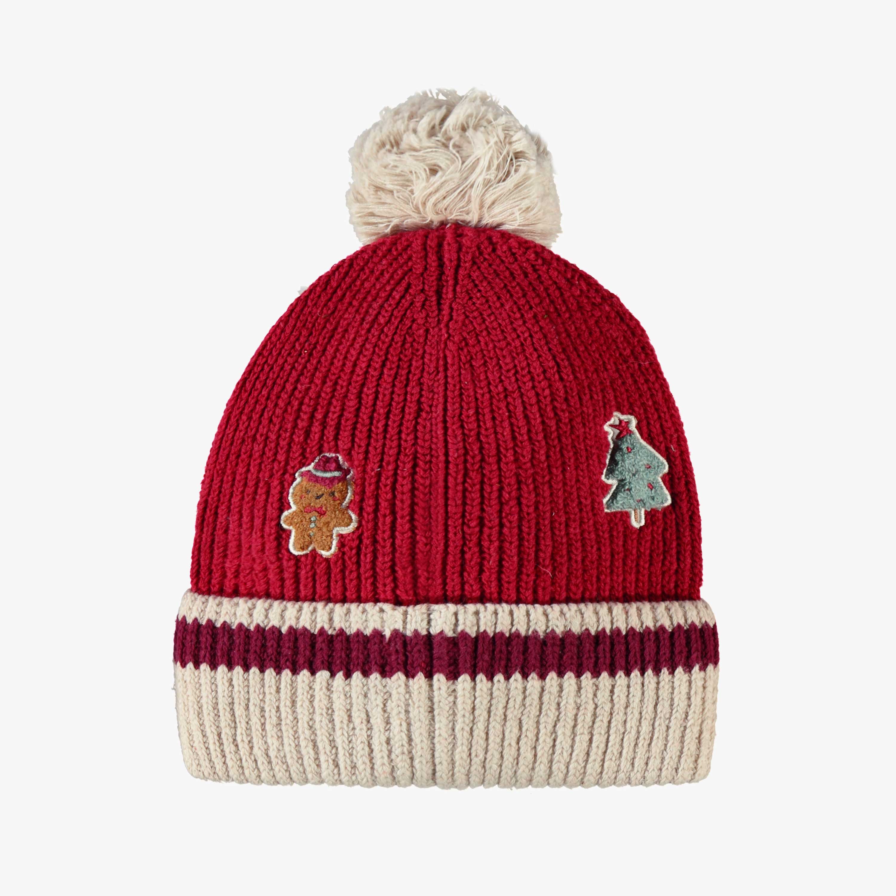 Dos de la tuque rouge en tricot avec motifs des Fêtes, enfant
