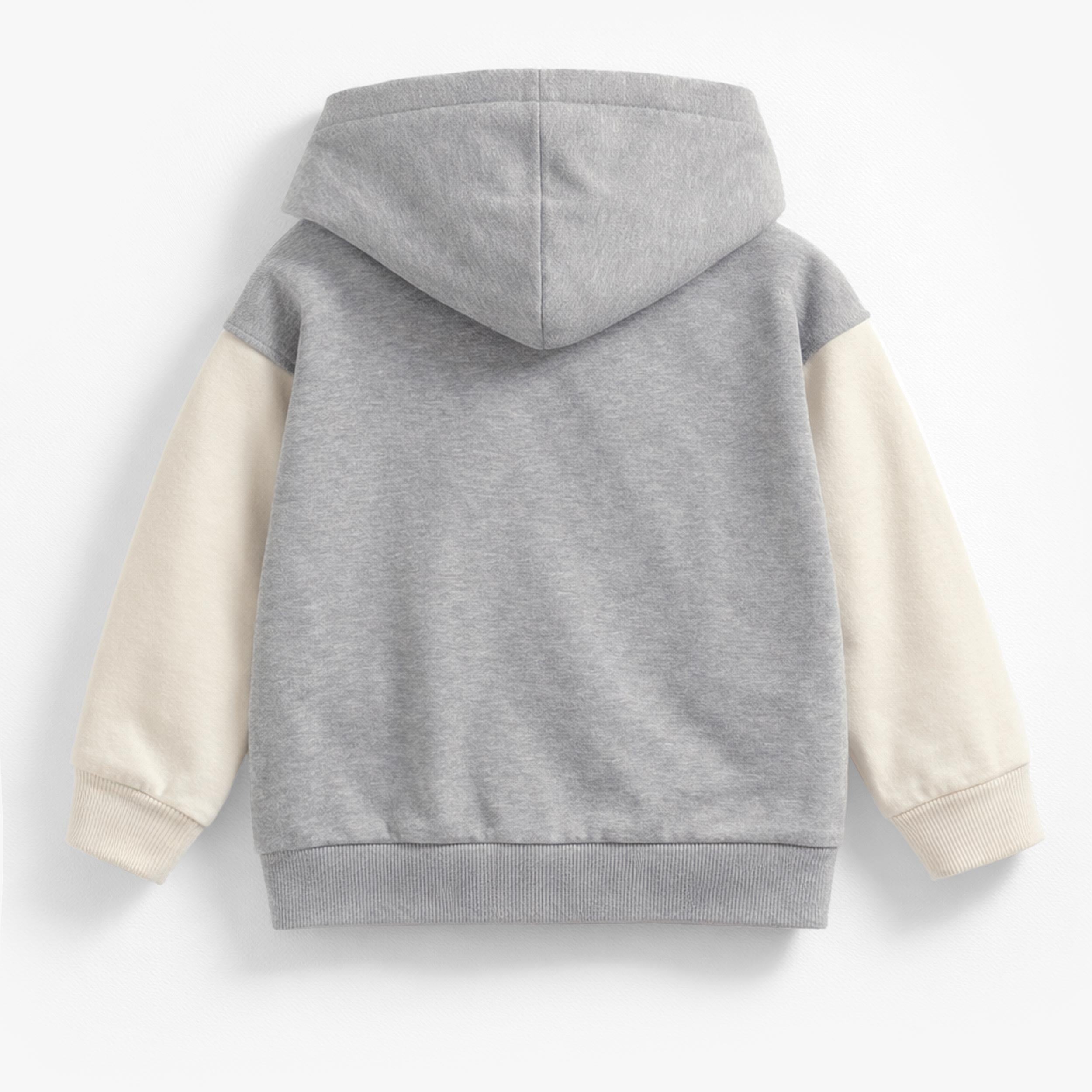 Dos de la veste à capuchon grise et beige, enfant
