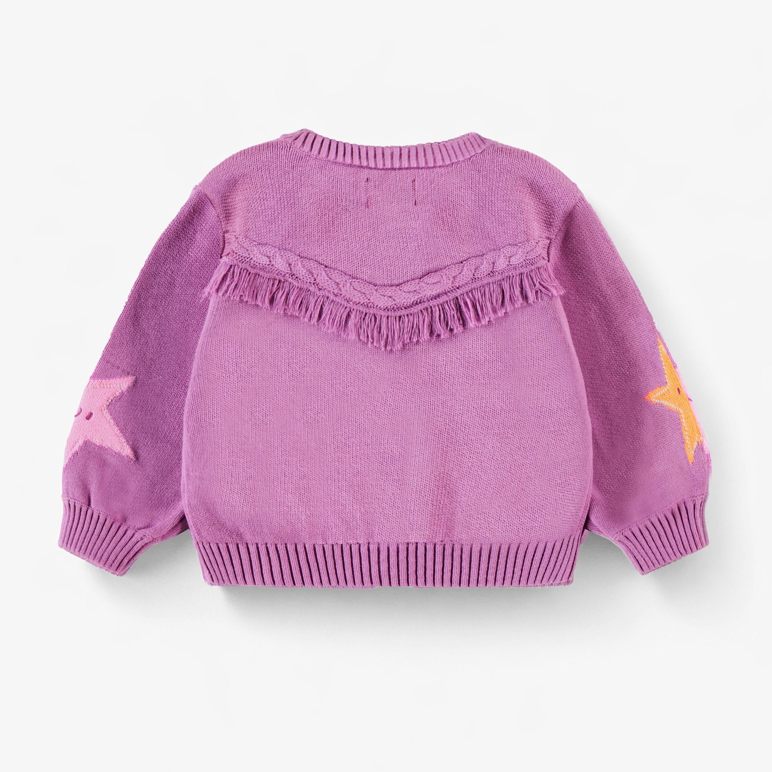 Dos du cardigan mauve en tricot à motifs d’étoiles, bébé
