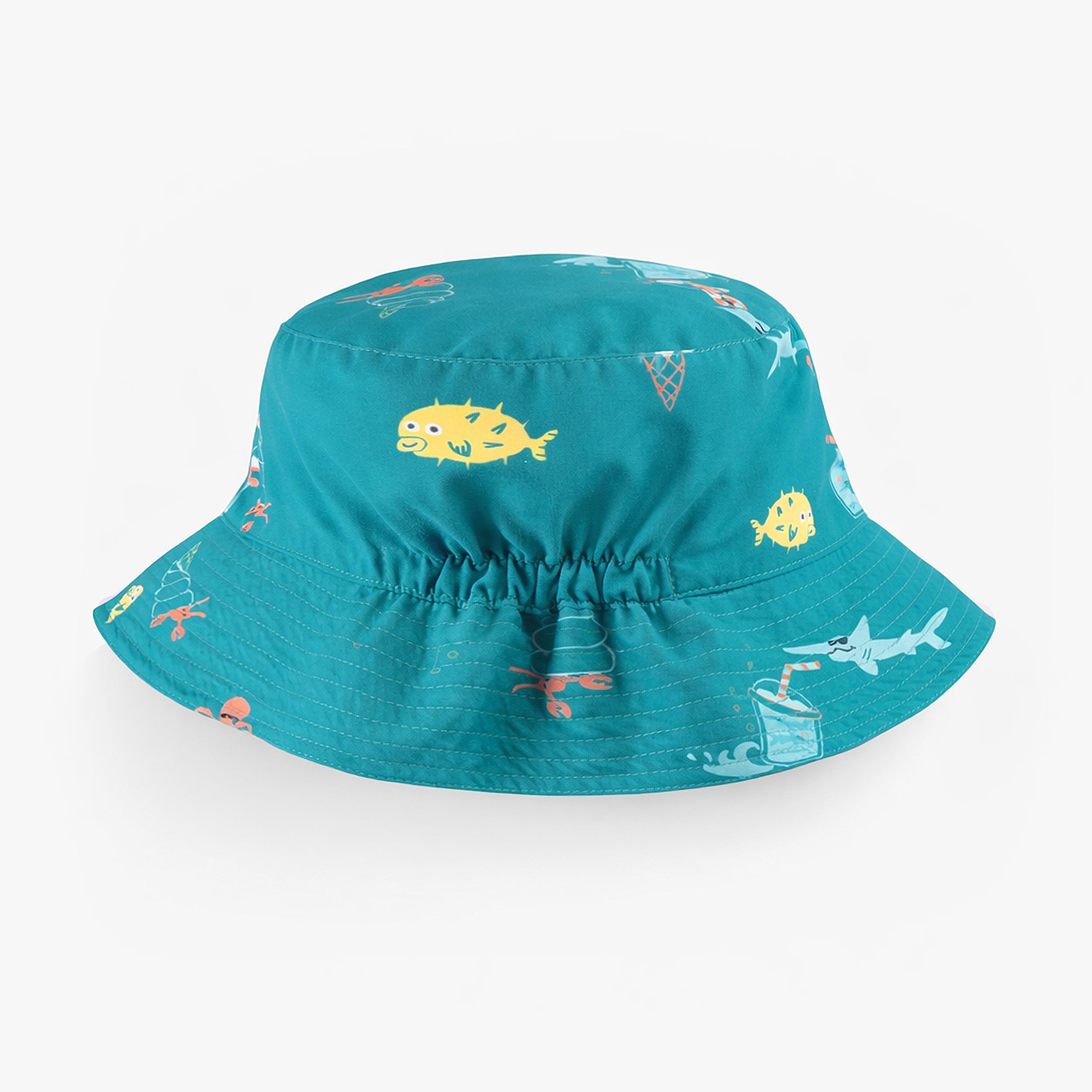 Dos du chapeau de soleil réversible bleu sarcelle à motifs, enfant