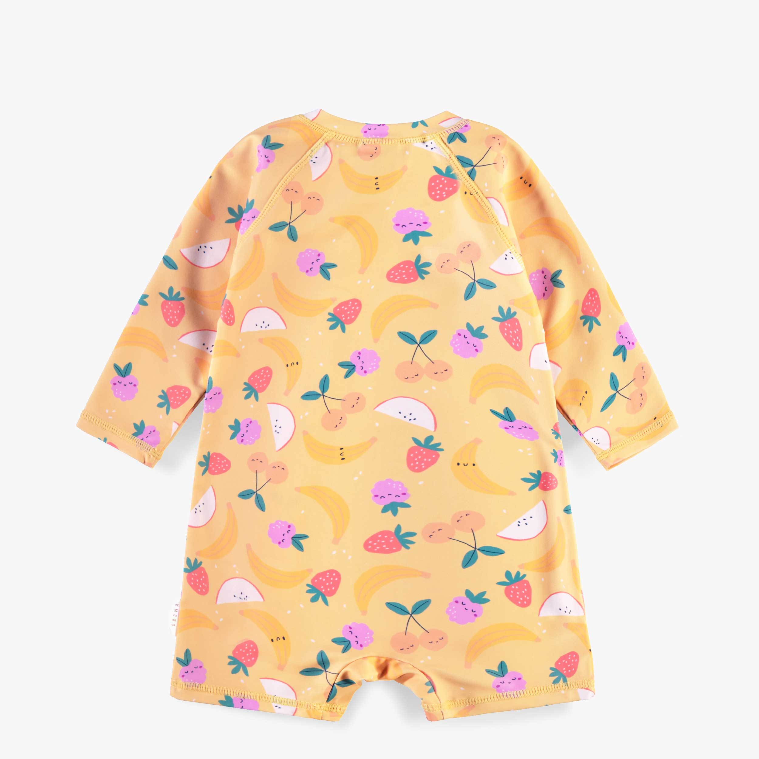 Dos du maillot de bain une pièce jaune à motifs fruités, bébé