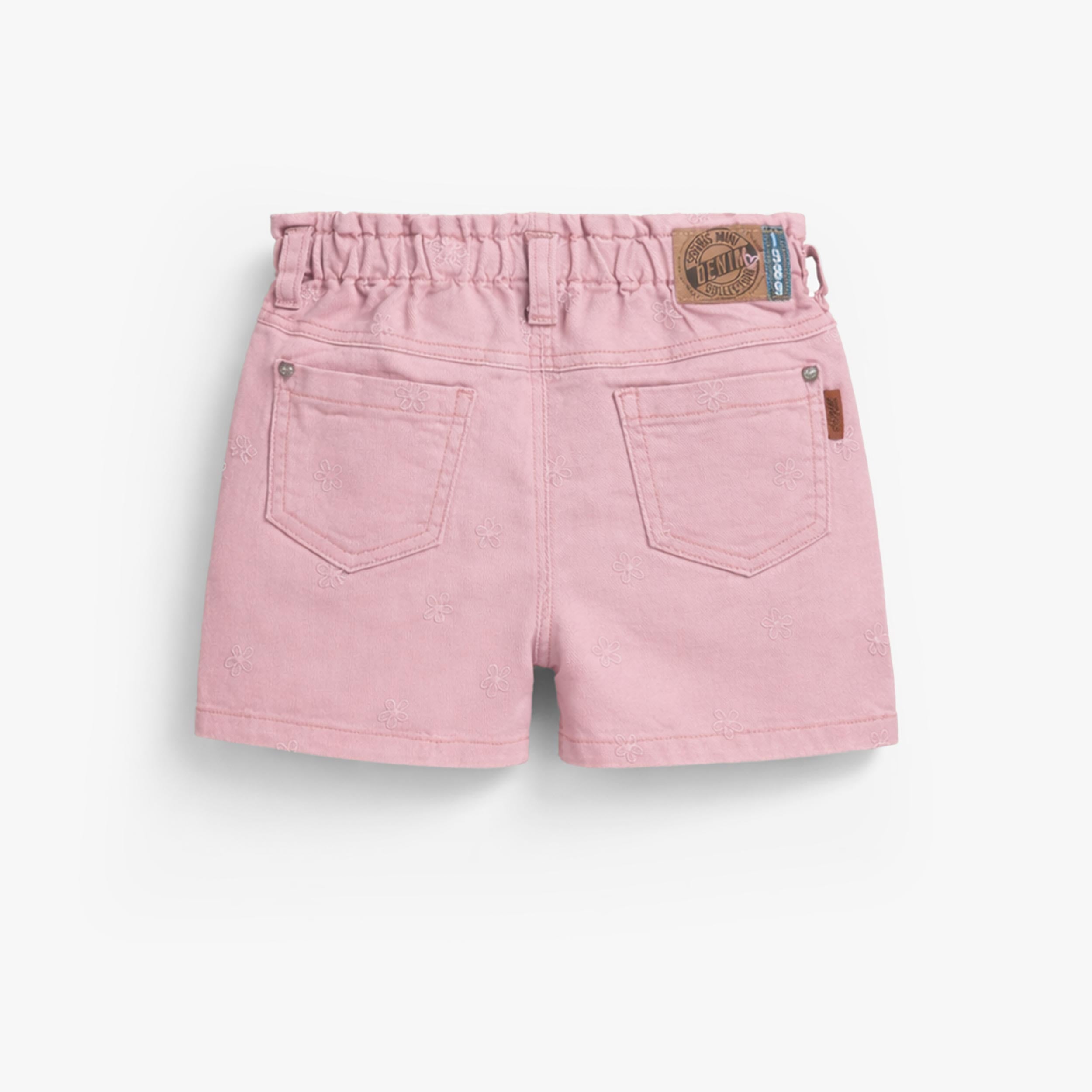 Dos du short rose en denim avec broderies de fleurs, enfant