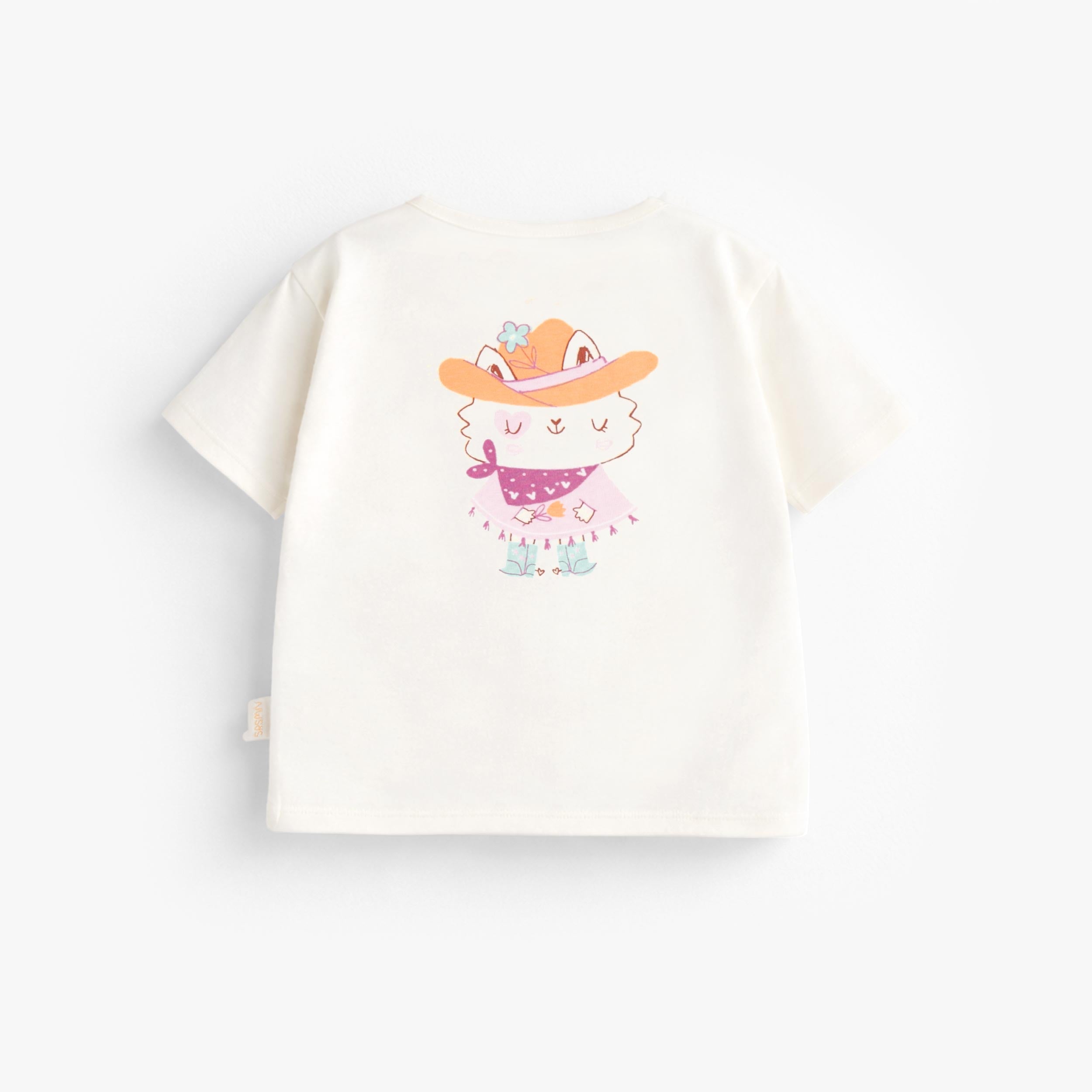 Dos du T-shirt crème avec illustration au dos, bébé