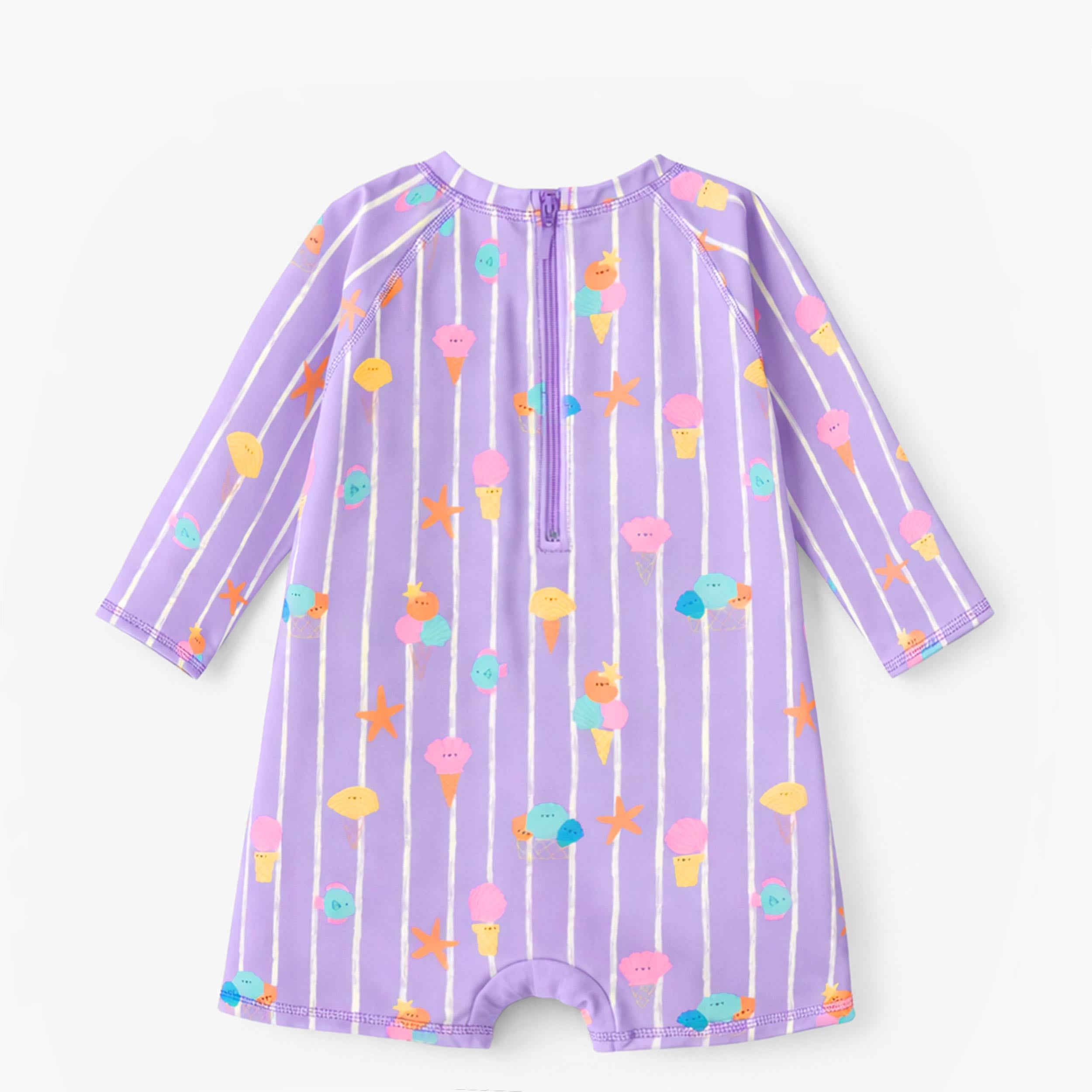 Dos du maillot de bain une pièce mauve avec rayures et motifs, bébé