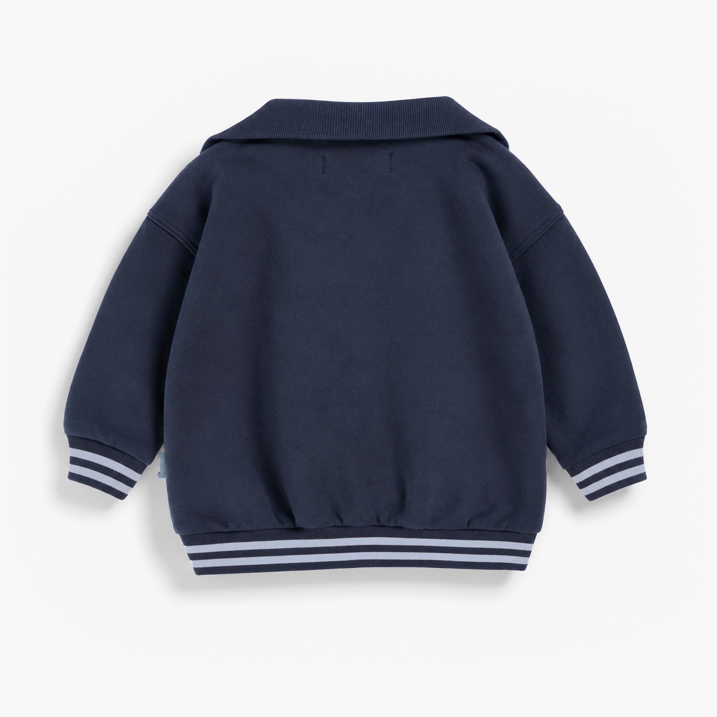 Dos du chandail bleu foncé demi-zip, bébé