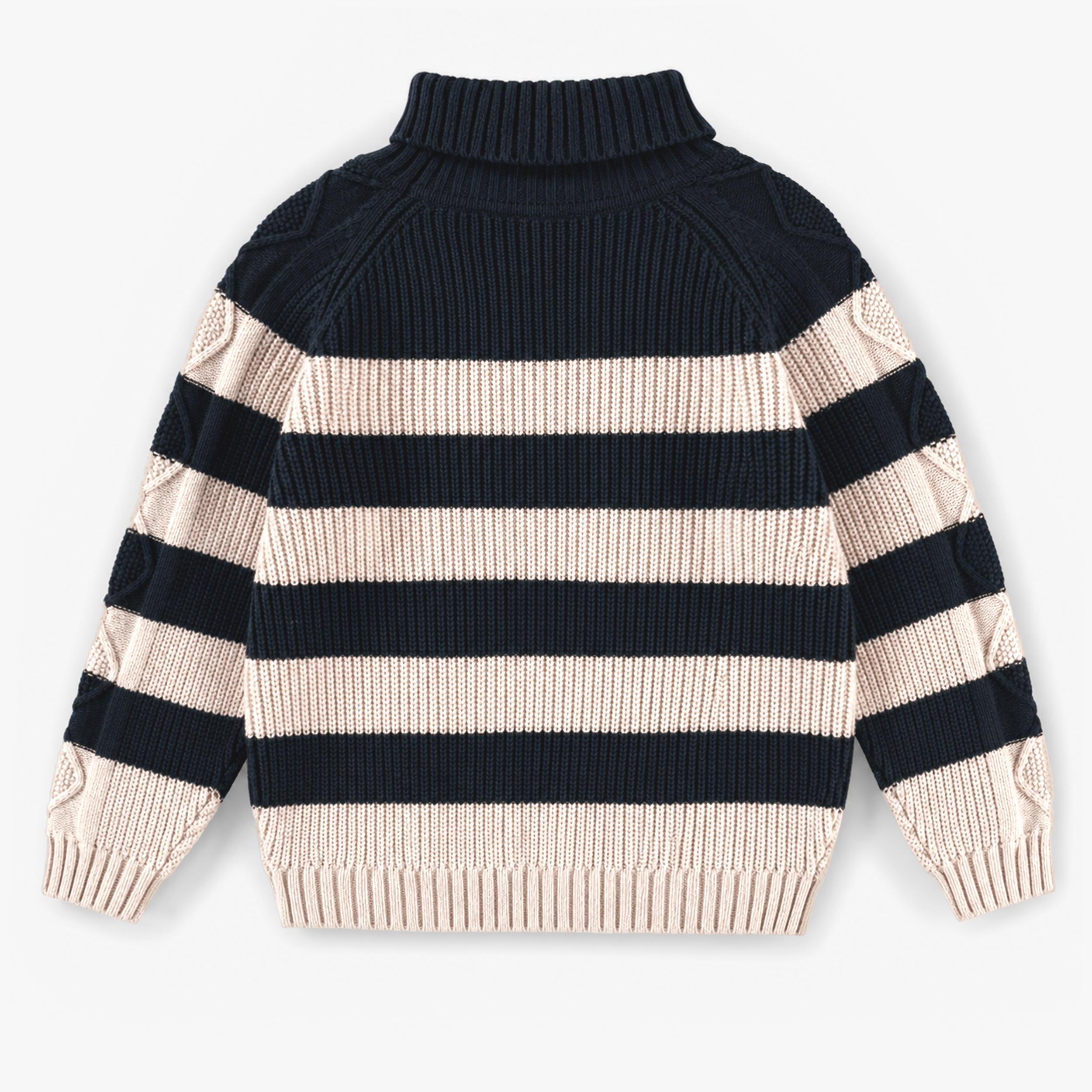 Dos du Chandail en tricot bleu foncé et crème à rayures, enfant