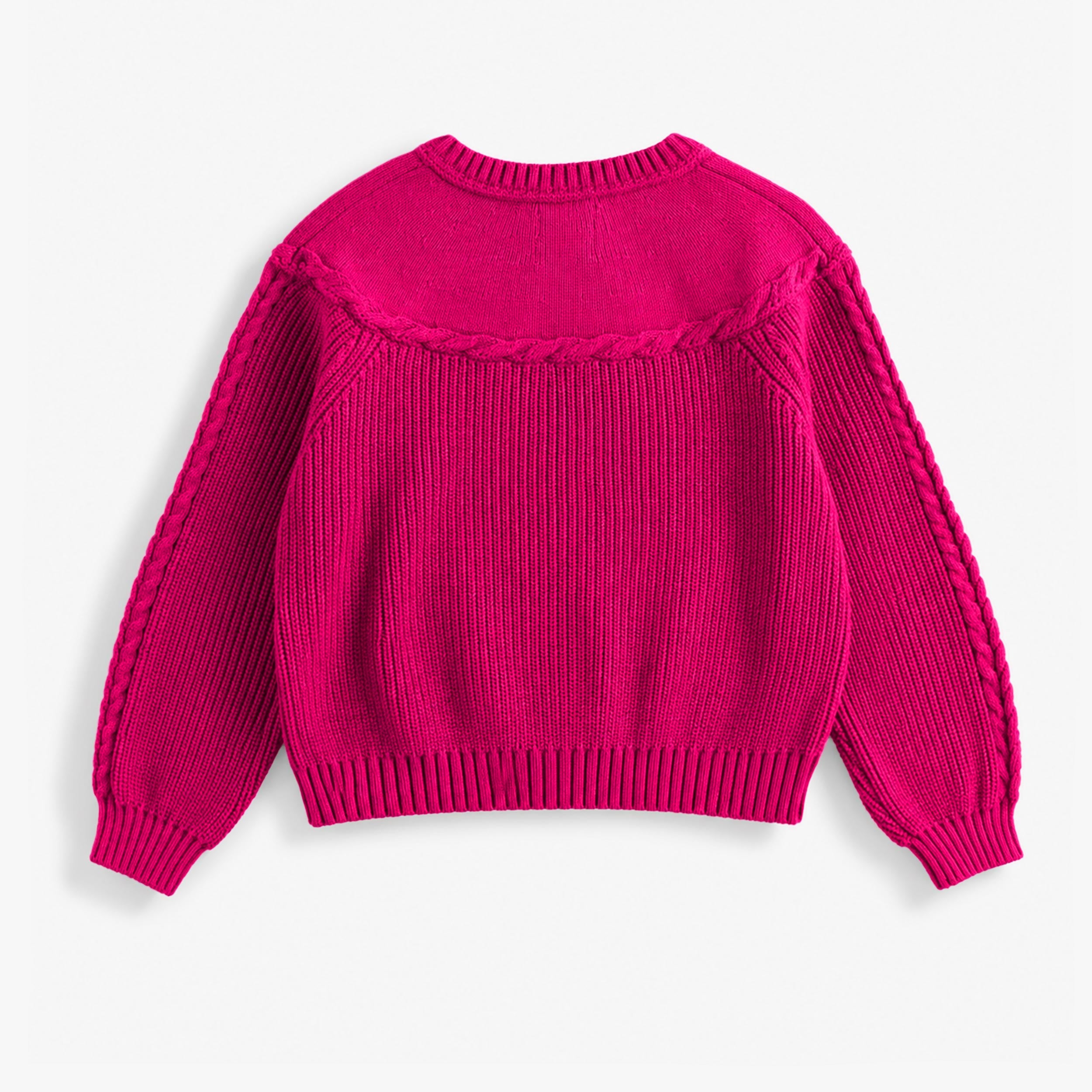 Dos de la veste de maille rose framboise brodée, enfant