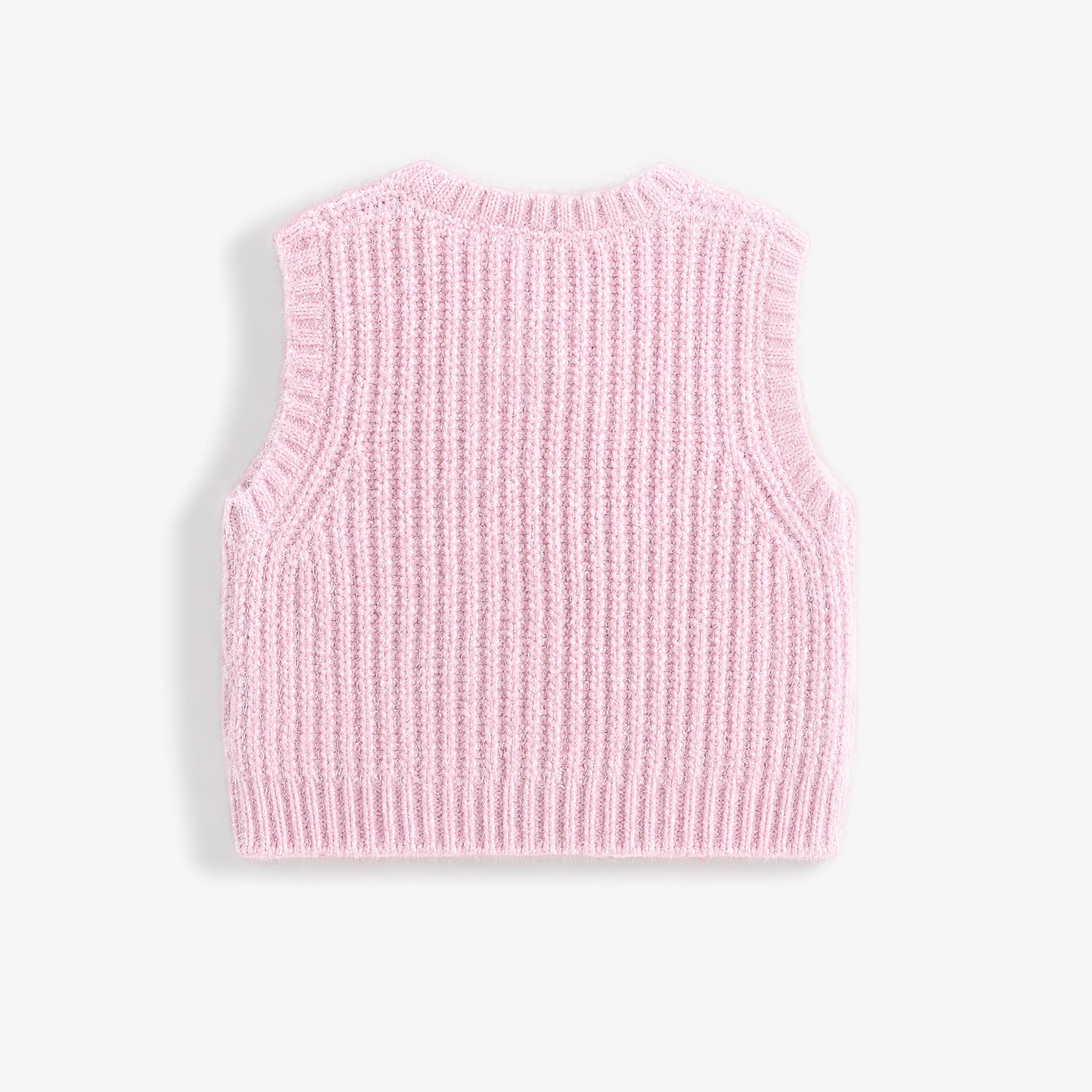 Dos du débardeur en tricot côtelé rose pour fille avec détails floraux appliqués et fini scintillant. Doux, confortable et facile à superposer.