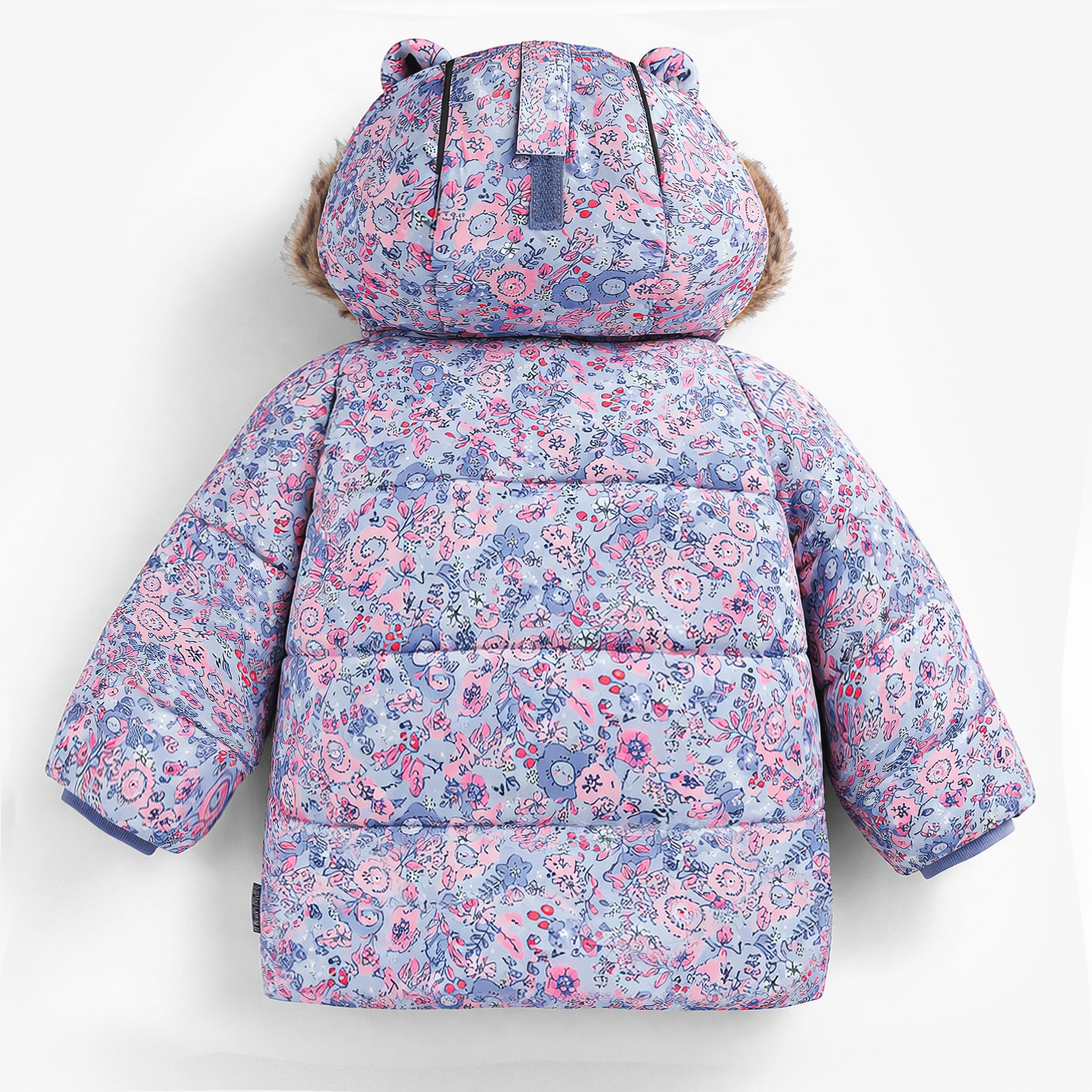 Vue de dos du manteau de neige de l'habit de neige deux pièces bleu à imprimé floral, bébé