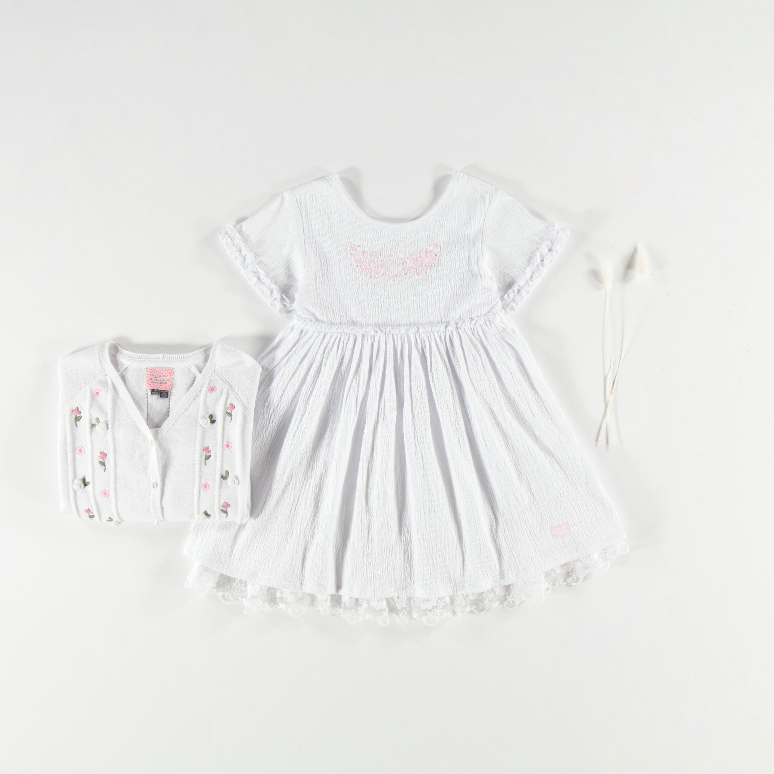 White dress in crepe jersey with flower embroidery, child