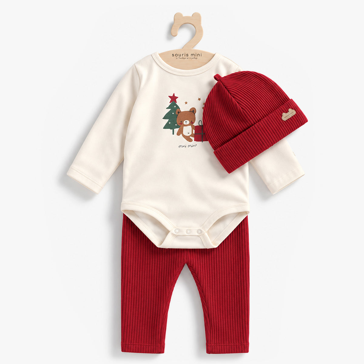 Ensemble trois pièces crème et rouge à motifs des Fêtes, naissance - Souris Mini