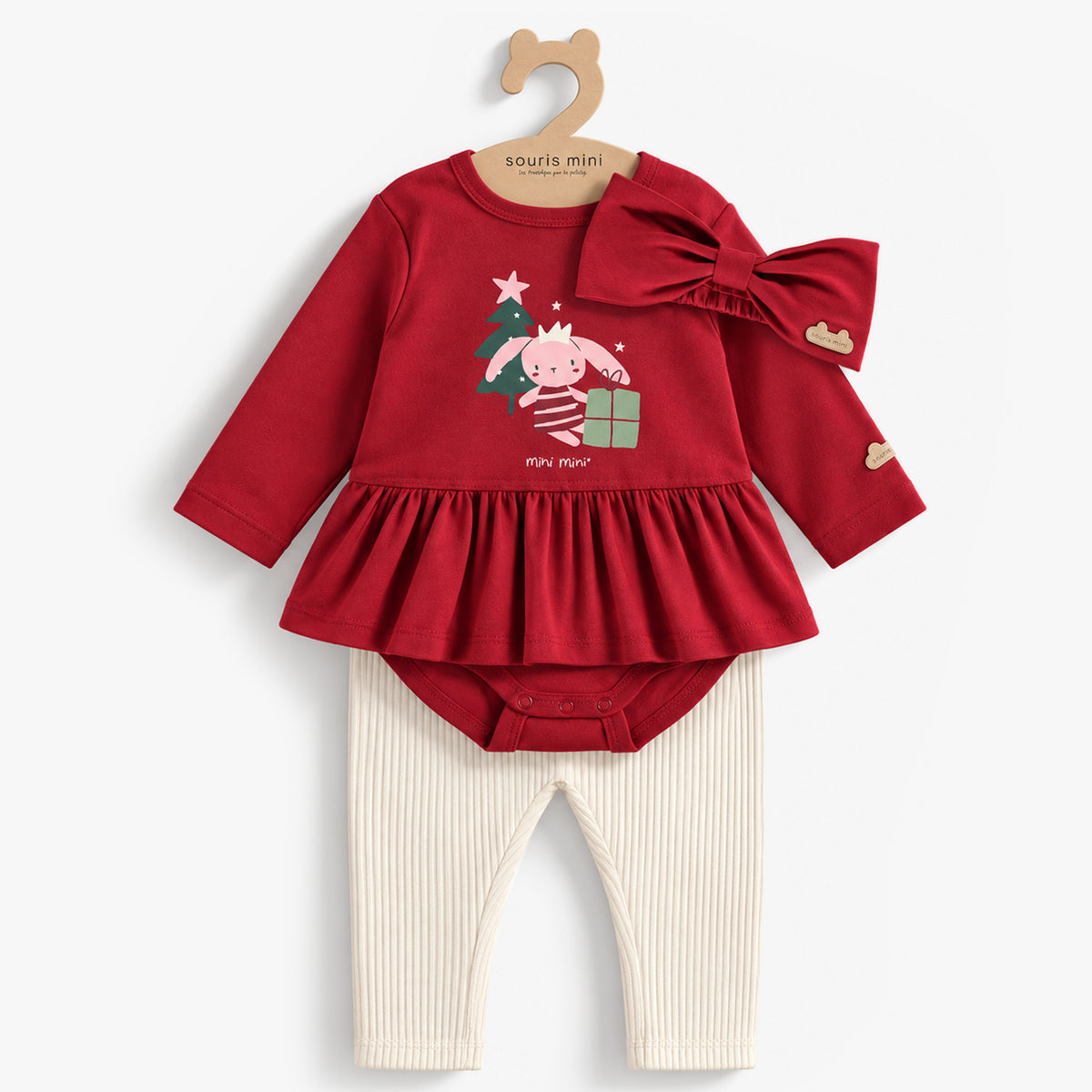 Ensemble trois pièces rouge et crème à motifs des Fêtes, naissance - Souris Mini
