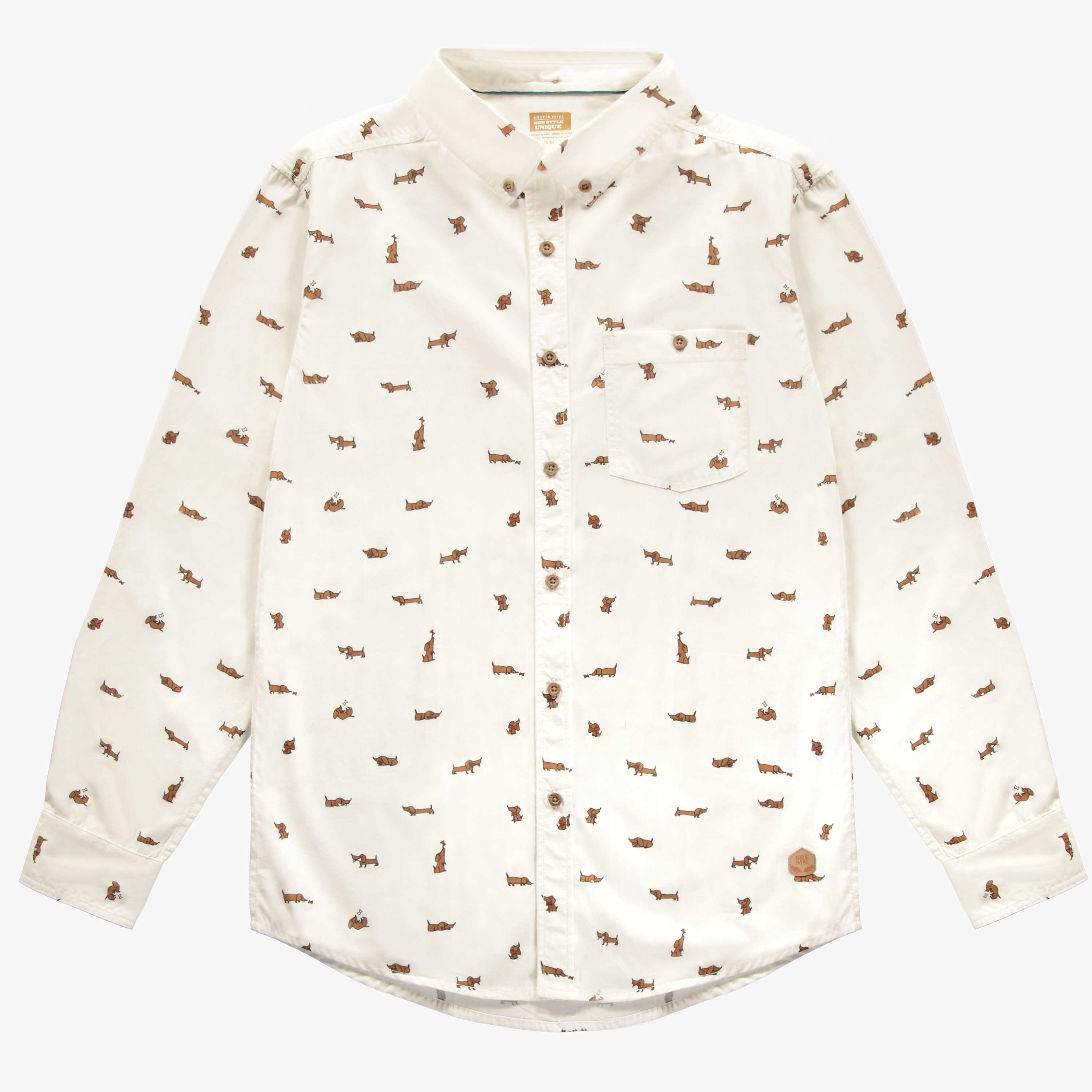 Chemise crème à motif de chiens en popeline de coton effet peau de pêche, adulte