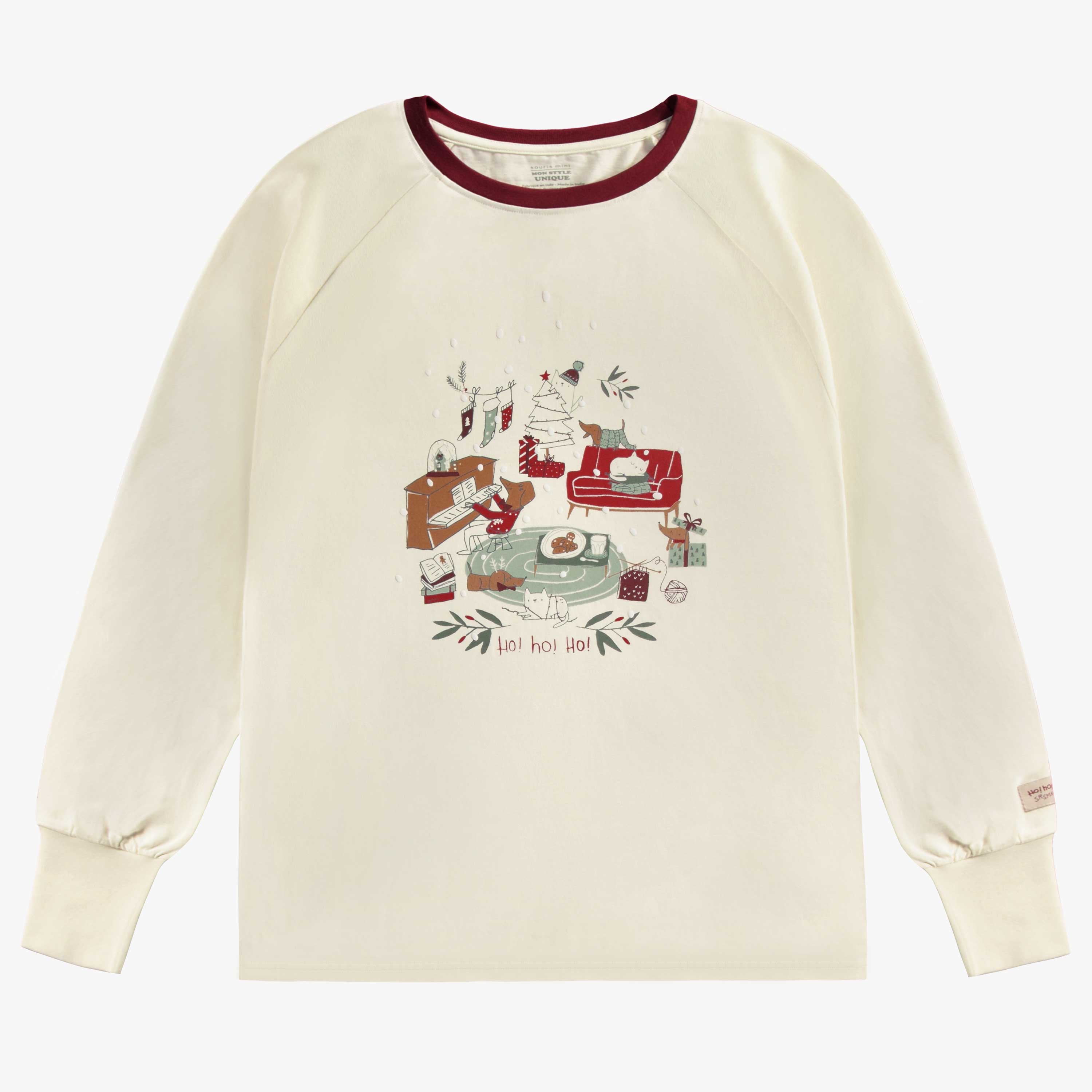 Haut de pyjama des fêtes crème avec illustration en coton, adulte