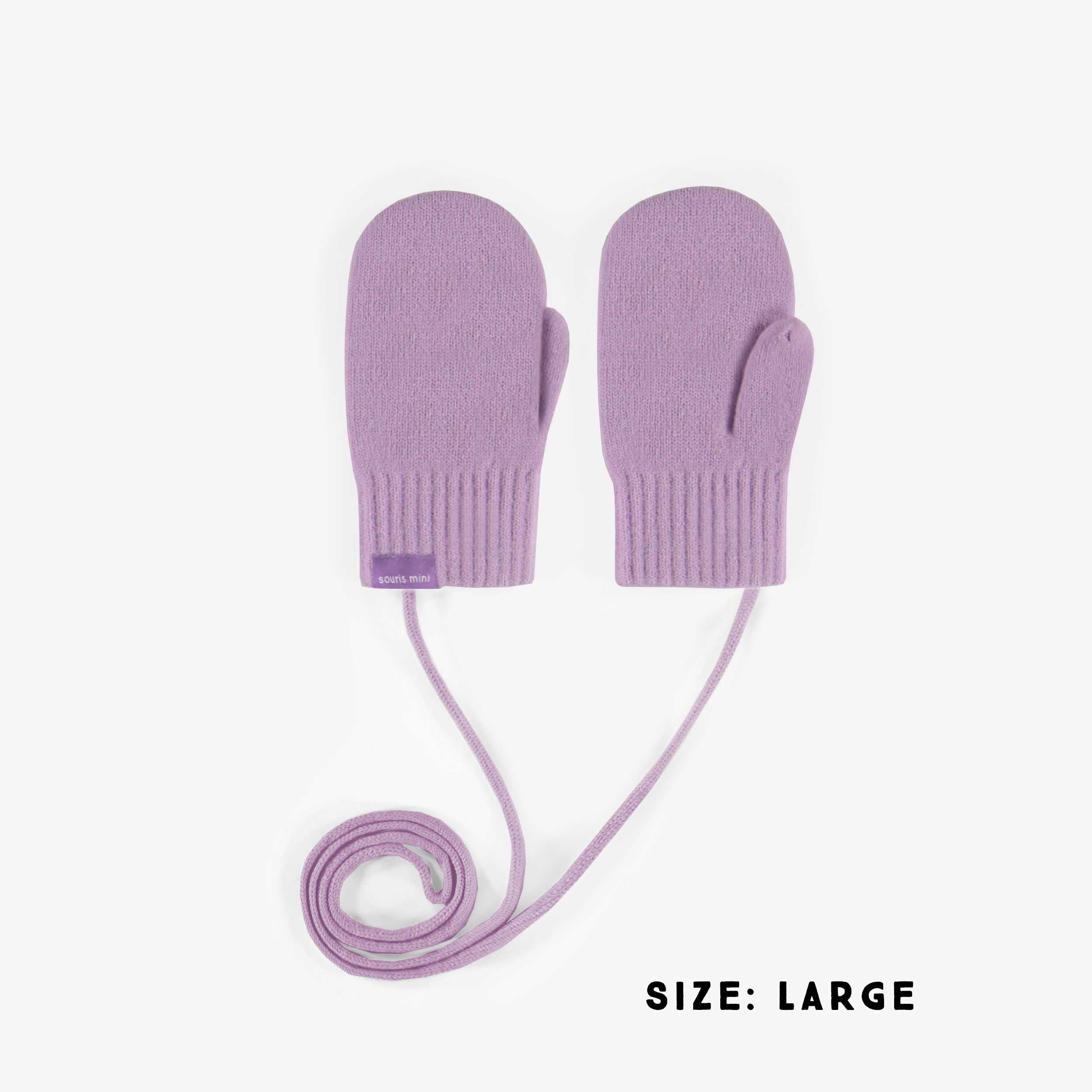 Purple knitted mittens with a drawstring, baby