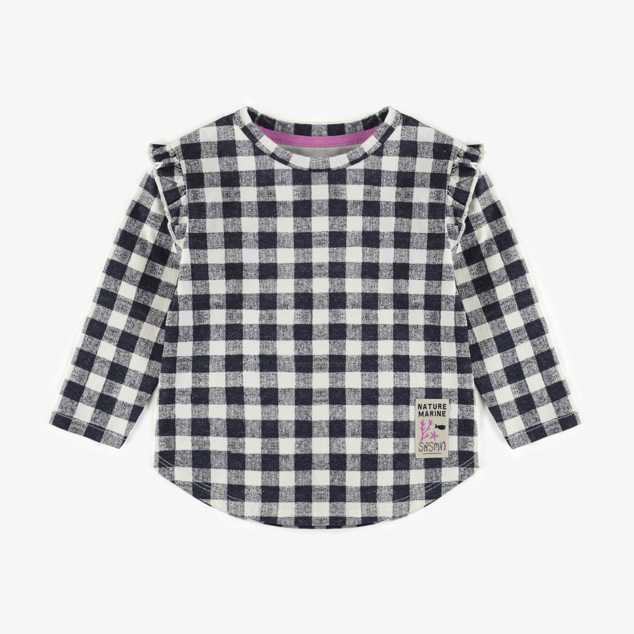 T-shirt marine et crème à carreaux avec manches longues en jersey, bébé