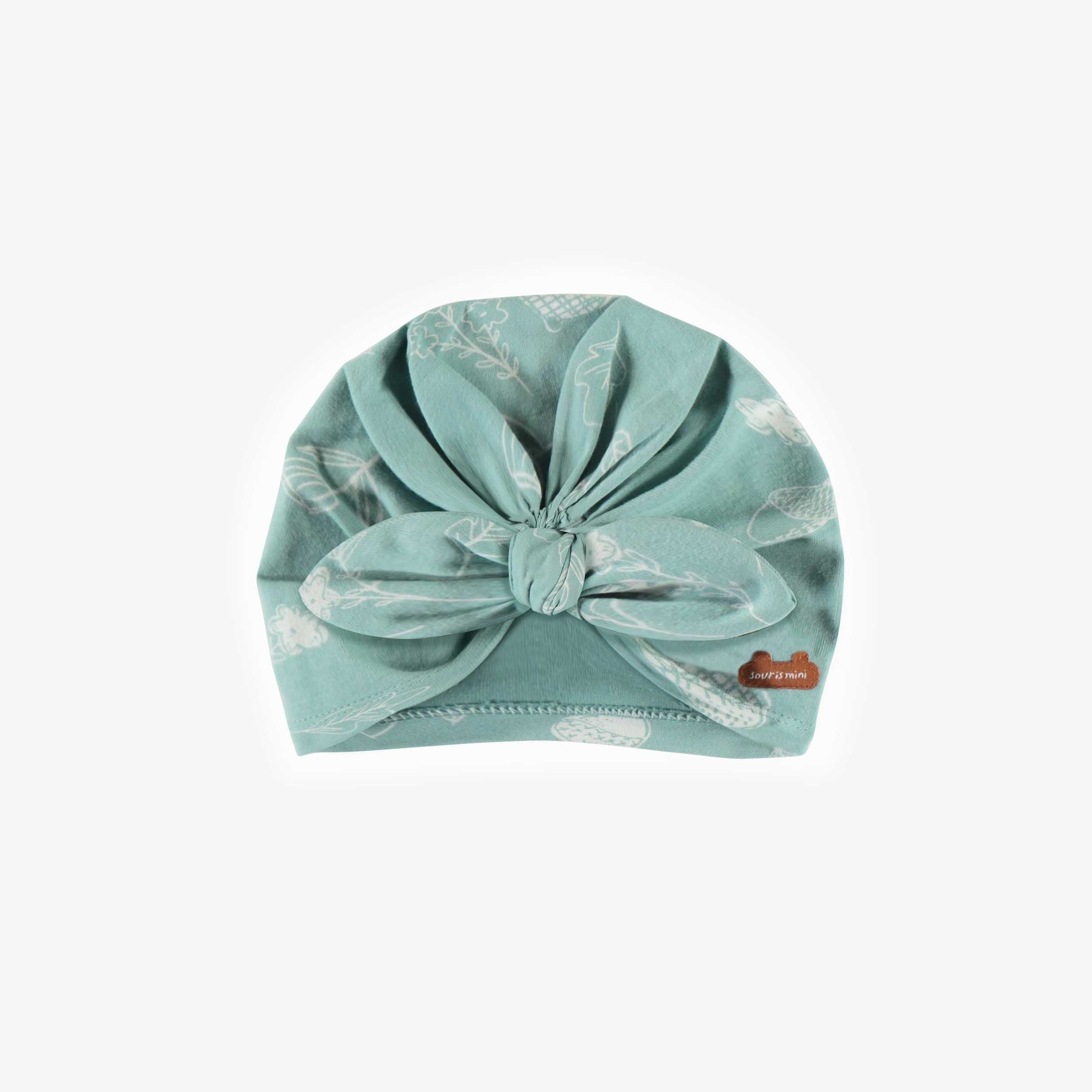 Bonnet turquoise pâle à motif de noisettes avec nœud en jersey doux, bébé