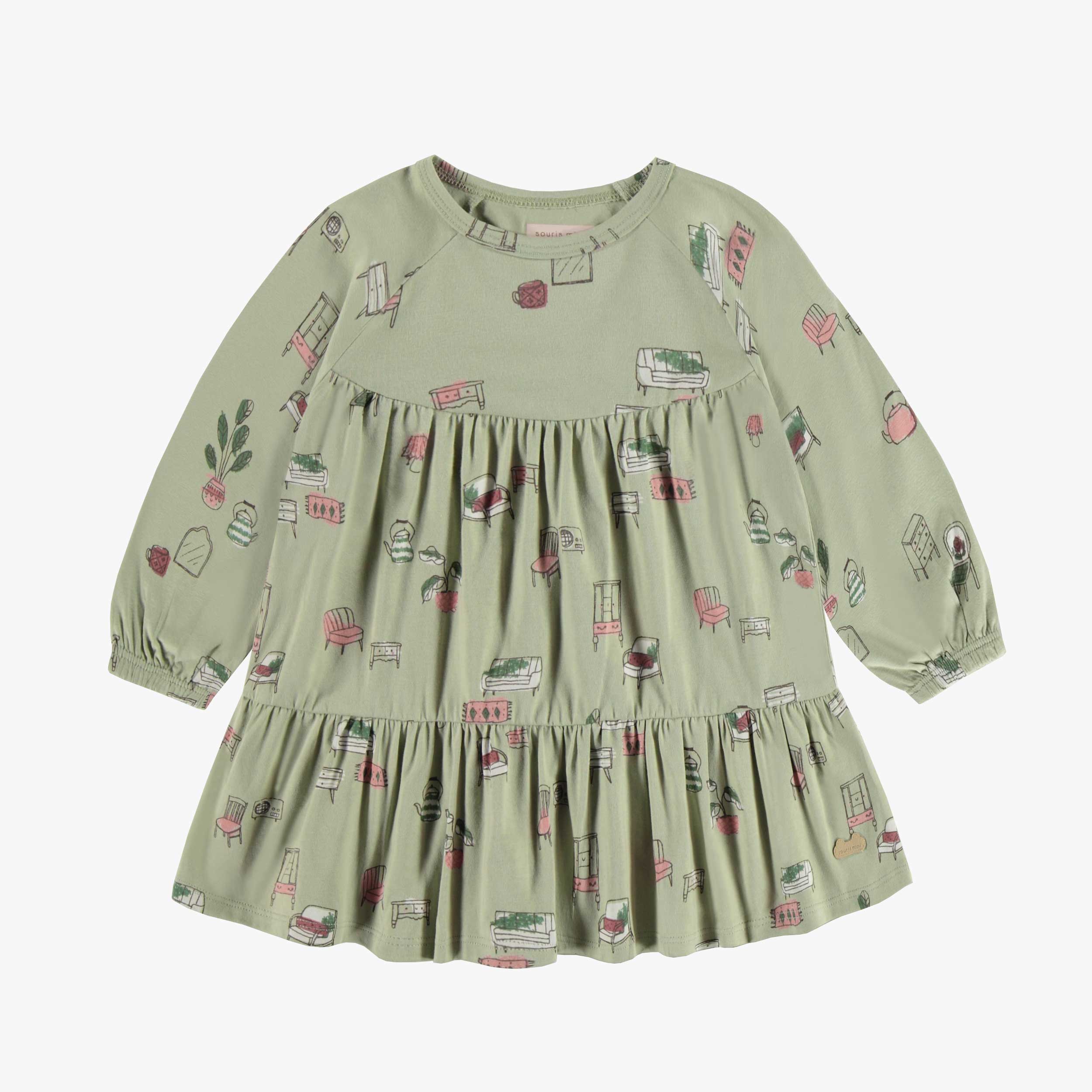 Sage green dress with illustrations of antique furniture in jersey, baby