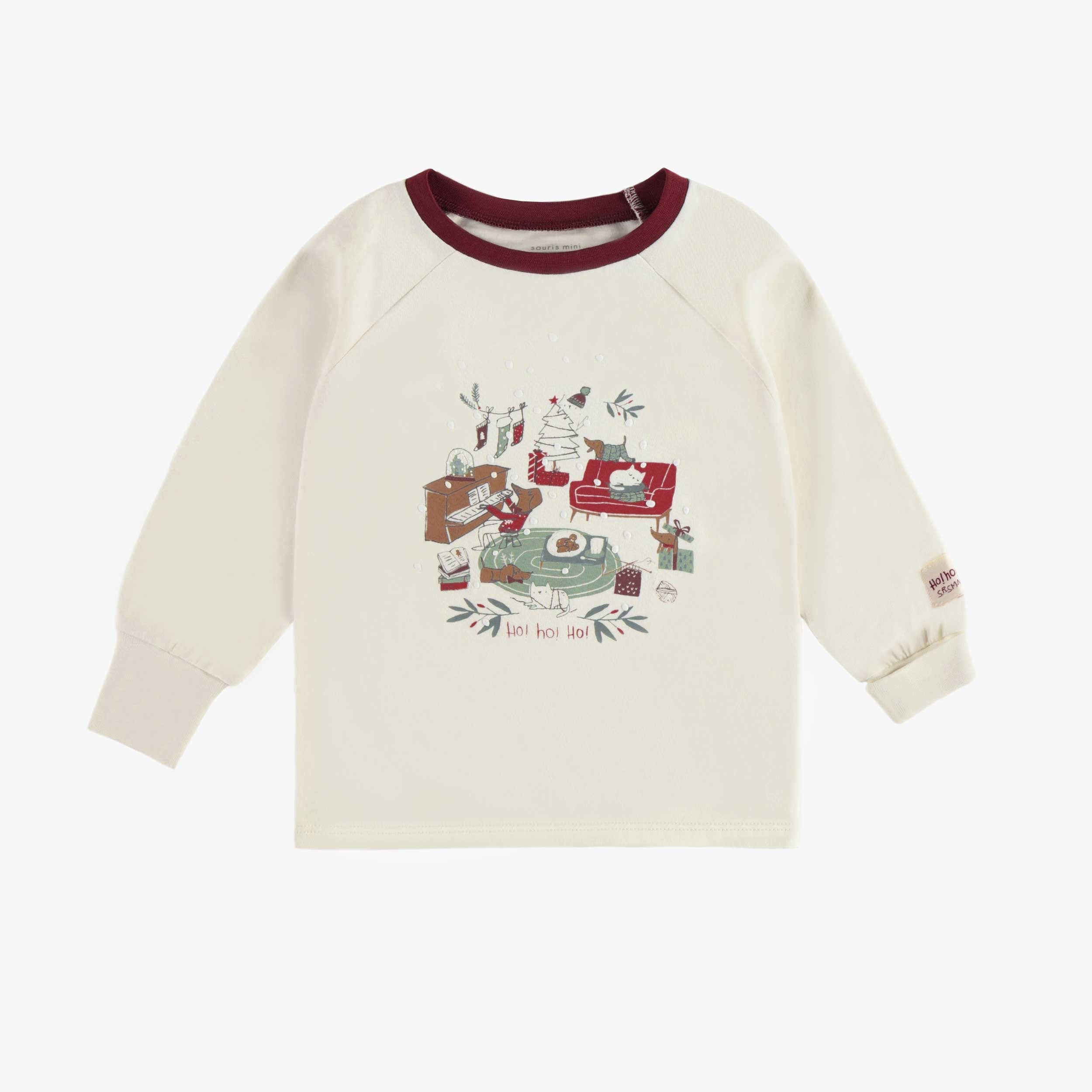 Pyjama des fêtes crème et rouge deux pièces à motif en coton, bébé
