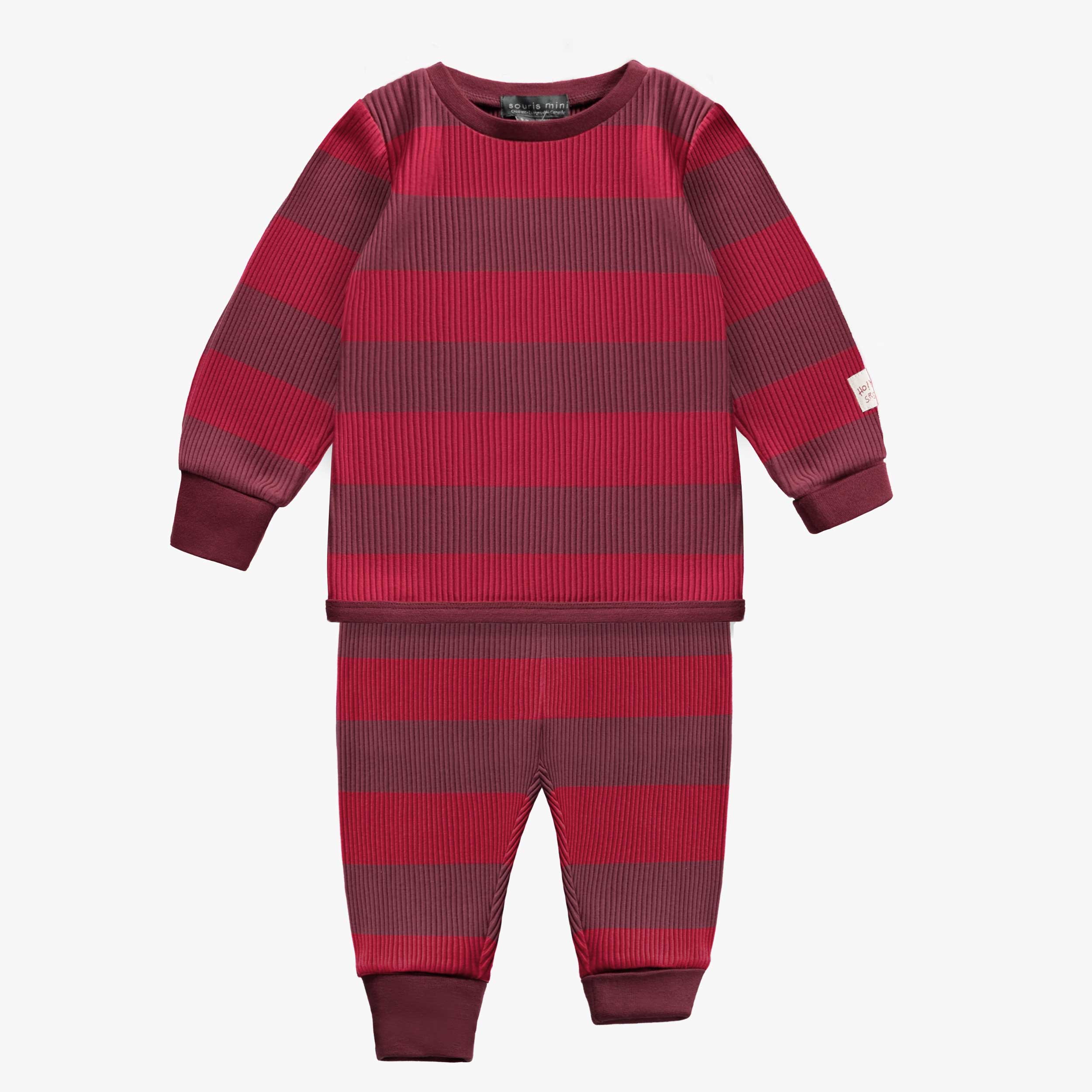 Pyjama des fêtes deux-pièces rouge et bourgogne à rayures en tricot côtelé, bébé