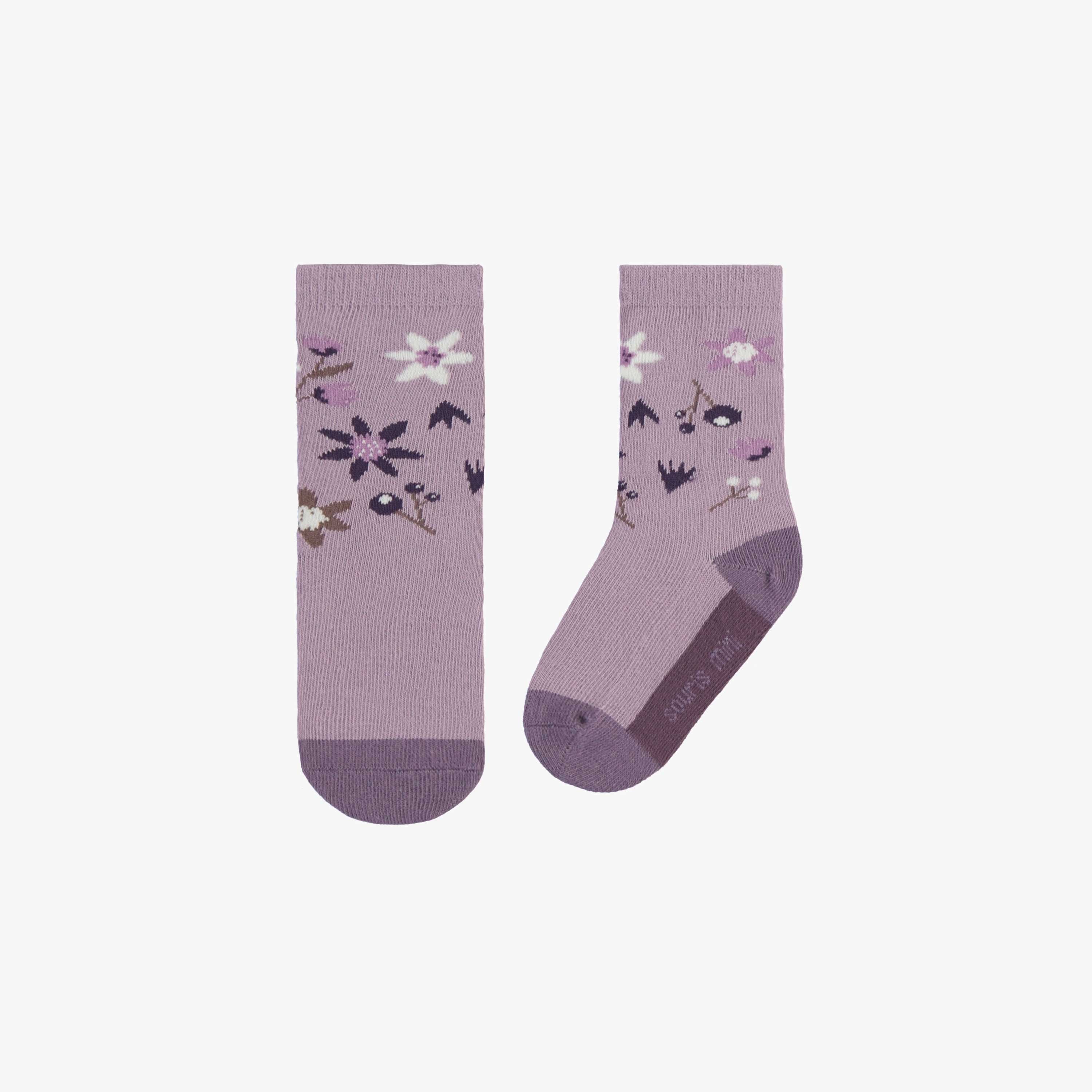 Purple socks with flower illustrations, baby