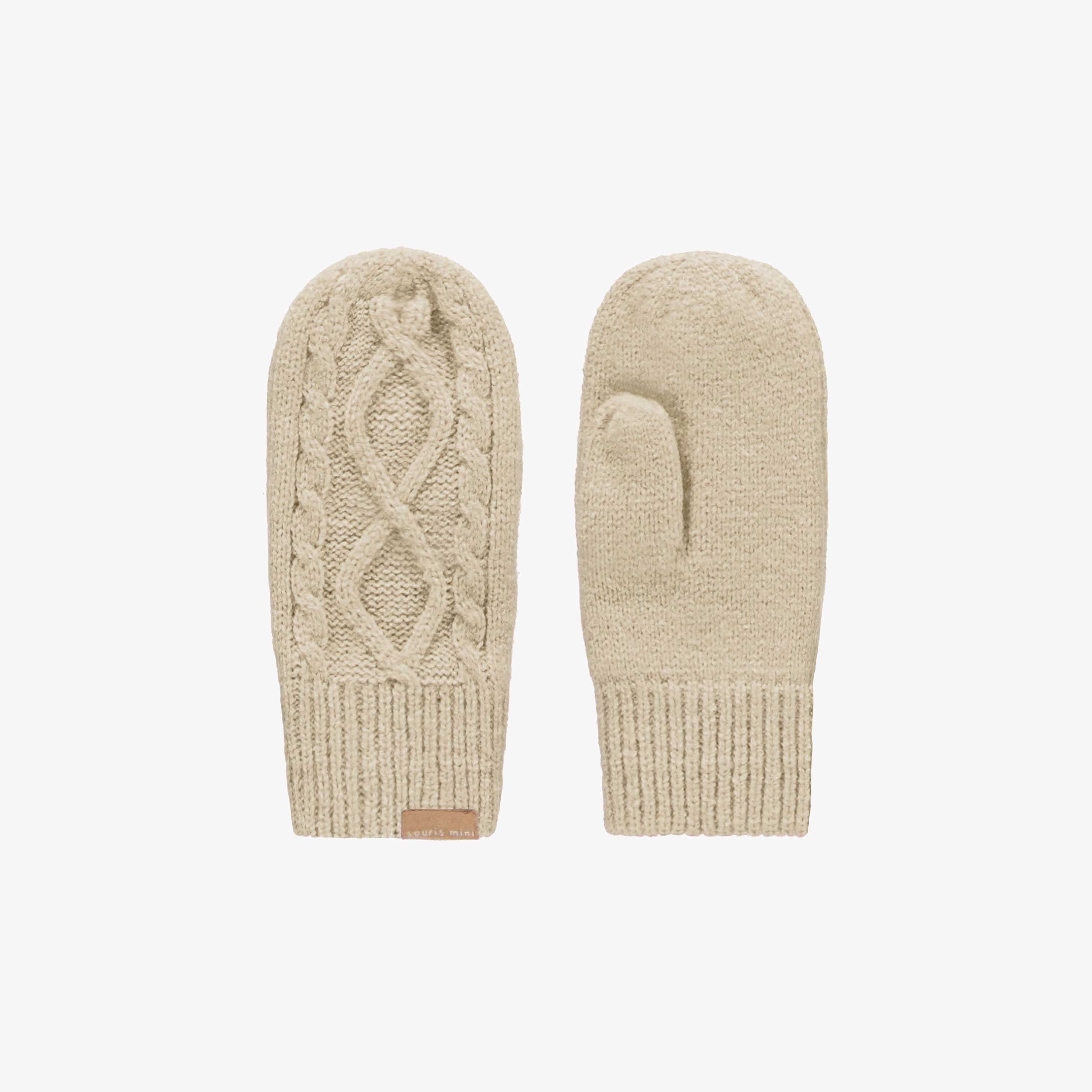 Cream knitted mittens with a woven pattern, child