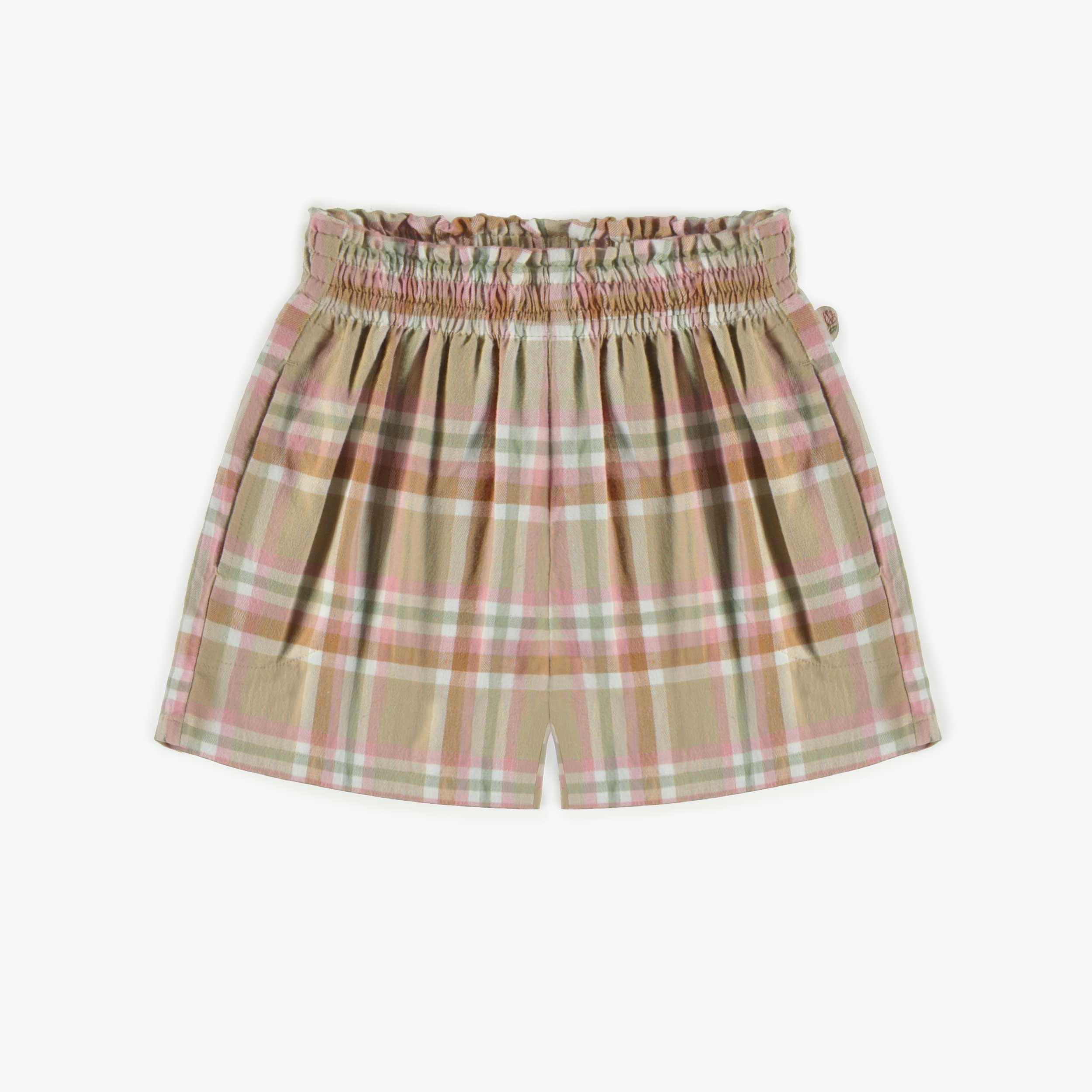 Beige and pink plaid short in brushed twill, child