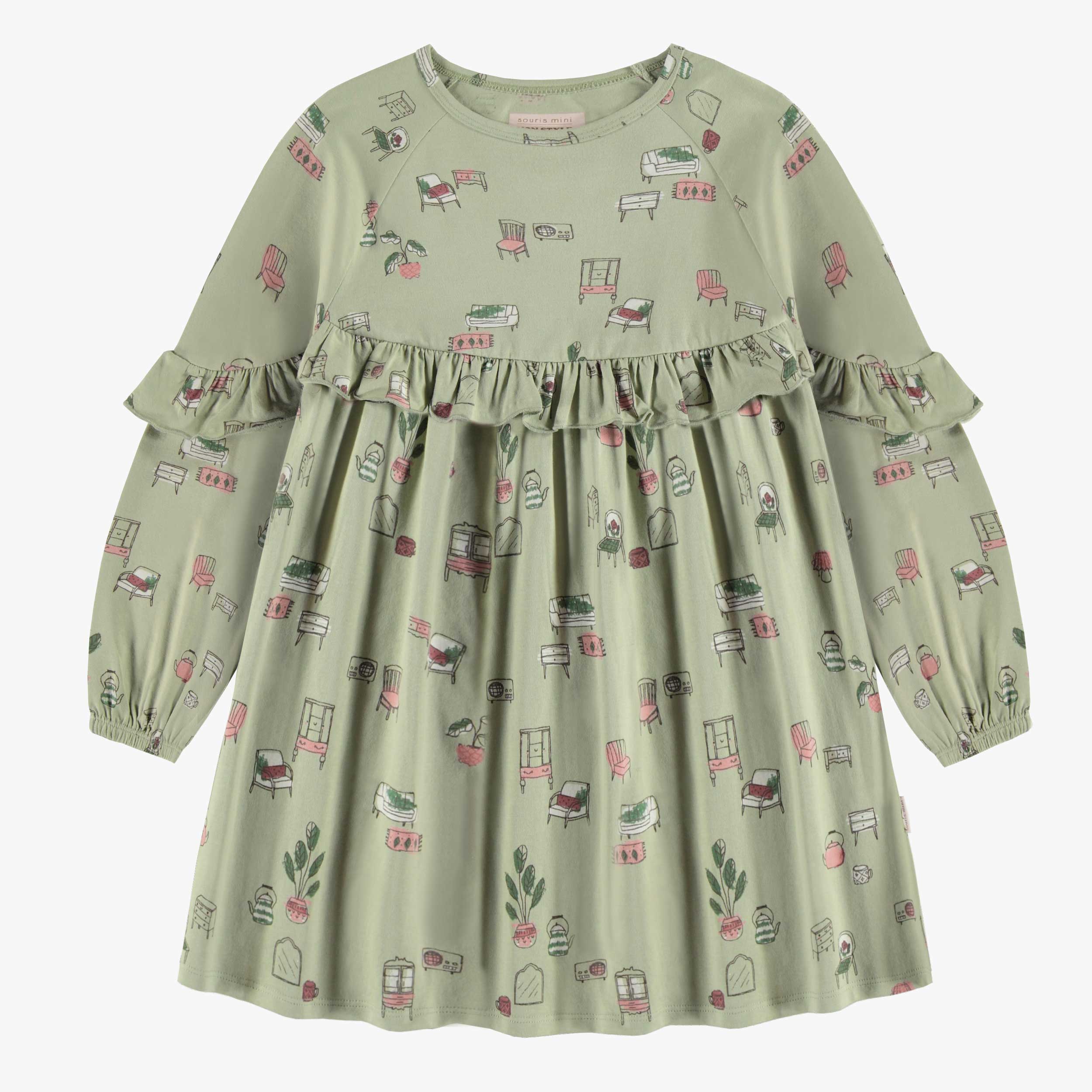 Robe vert sauge avec illustrations de meubles antiques en jersey, enfant