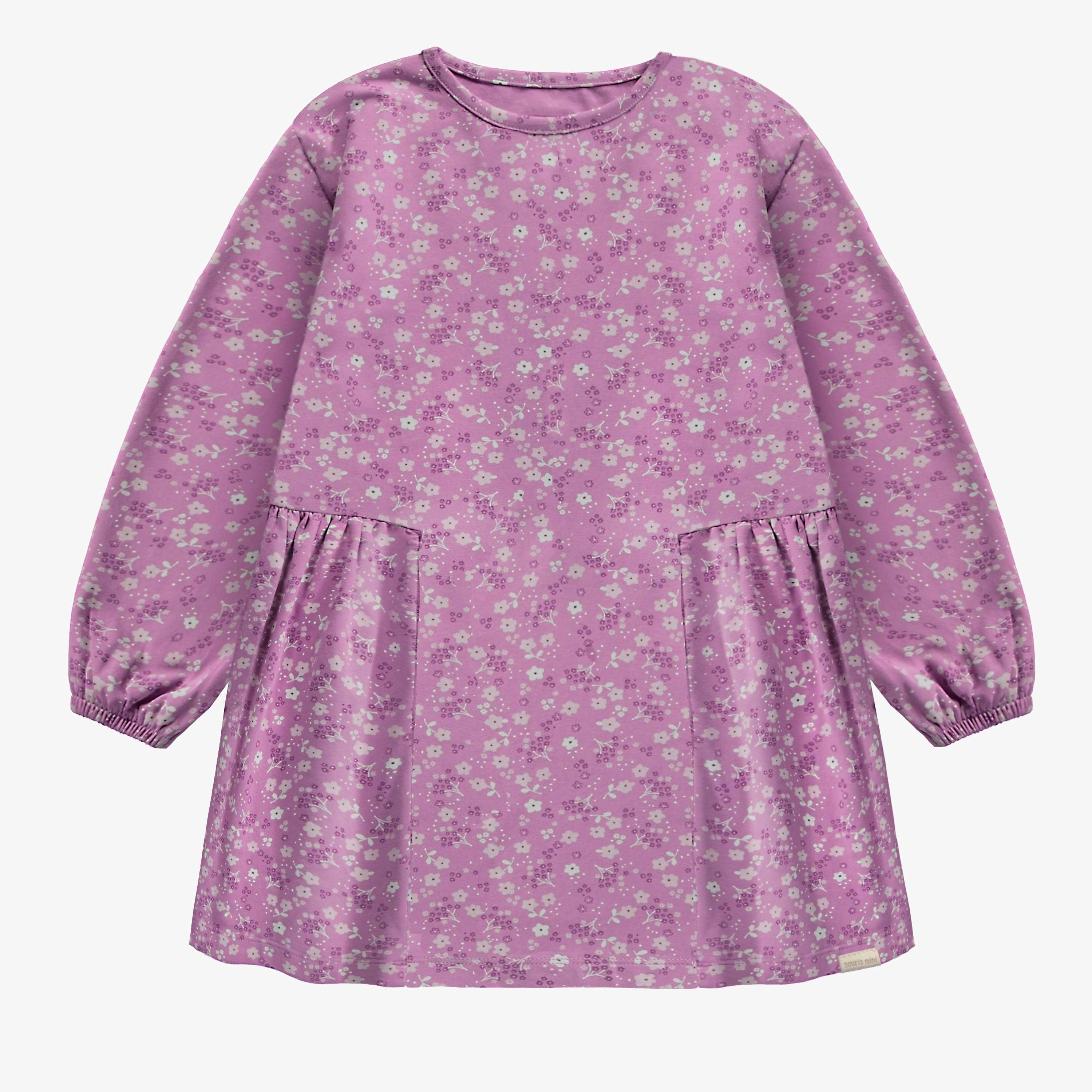 Robe de coupe évasée manches longues mauve fleuri en jersey, enfant