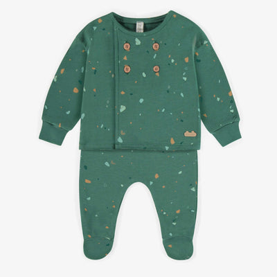 Pyjama deux-pièces vert avec un motif multicolore en coton français, naissance || Green two-piece pajama with a multicolored pattern in French terry, newborn