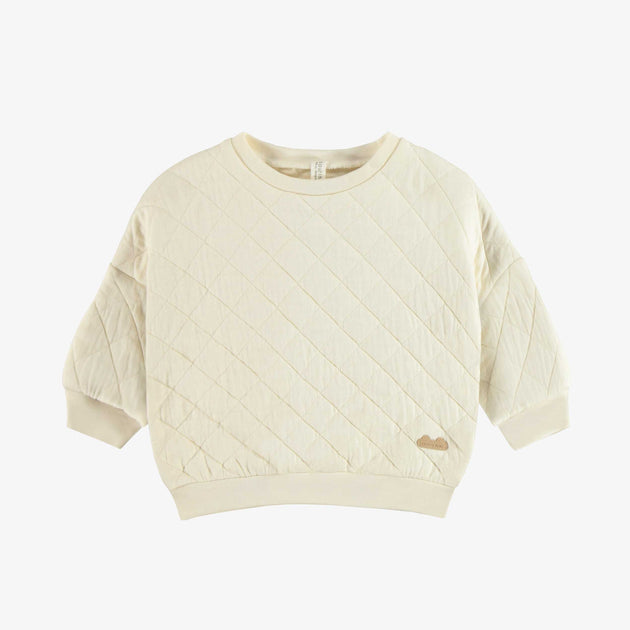 Cream loose fit crewneck with long-sleeves in quilted jersey