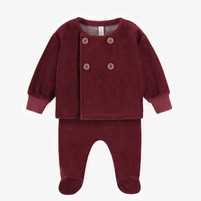 Pyjama deux-pièces rouge avec pieds en velours, naissance || Red two-piece pajama with integrated feet in velvet, newborn