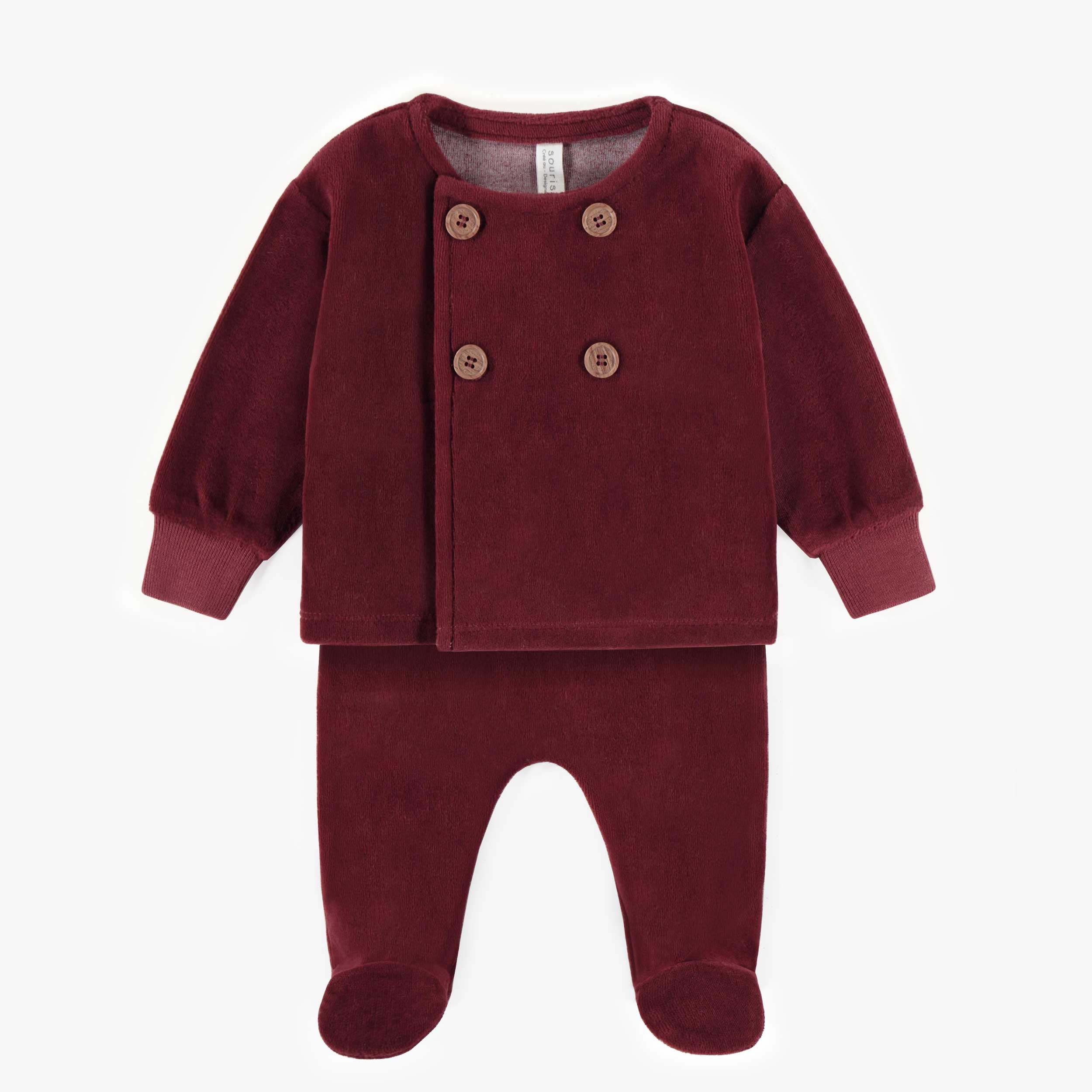 Pyjama deux-pièces rouge avec pieds en velours, naissance