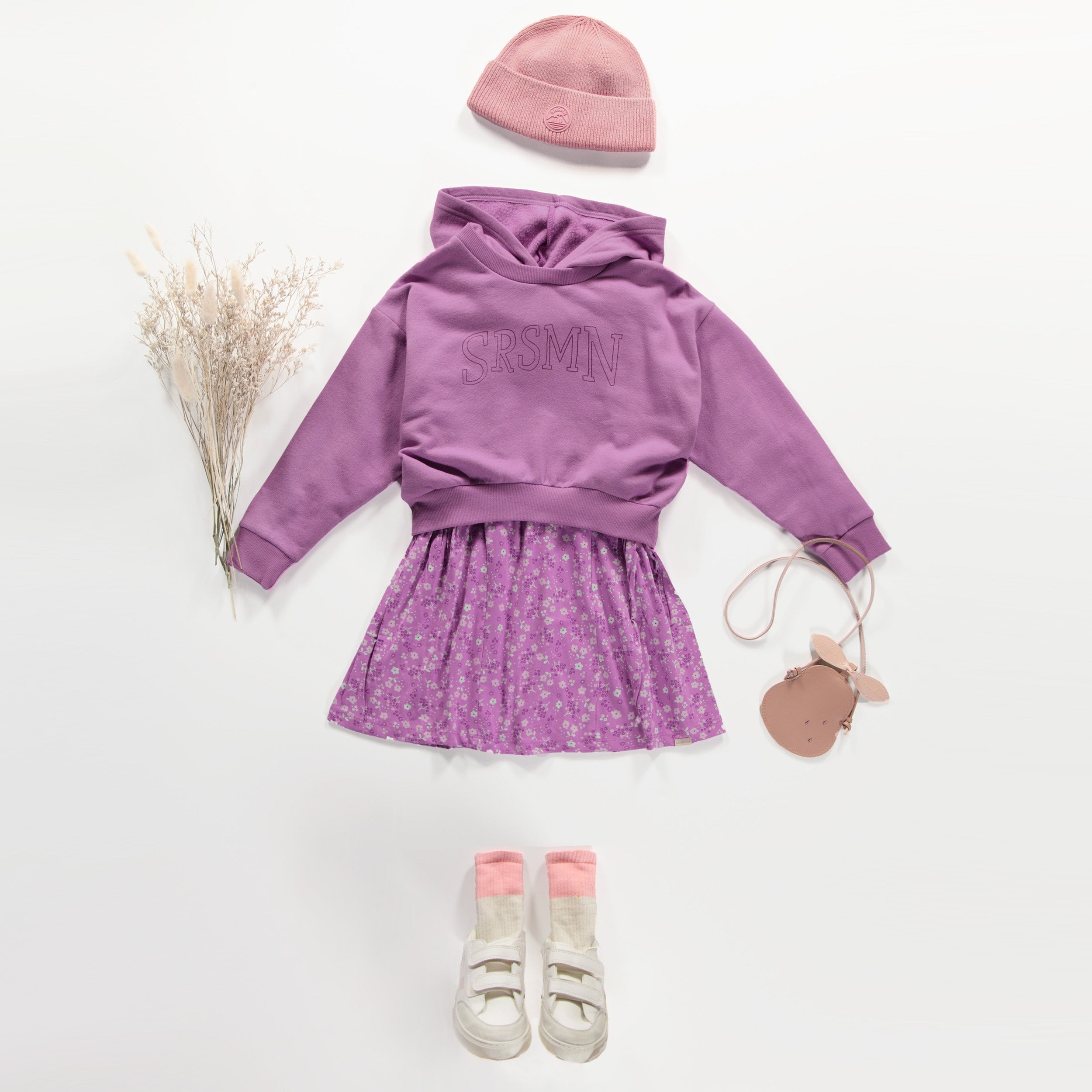 Robe de coupe évasée manches longues mauve fleuri en jersey, enfant