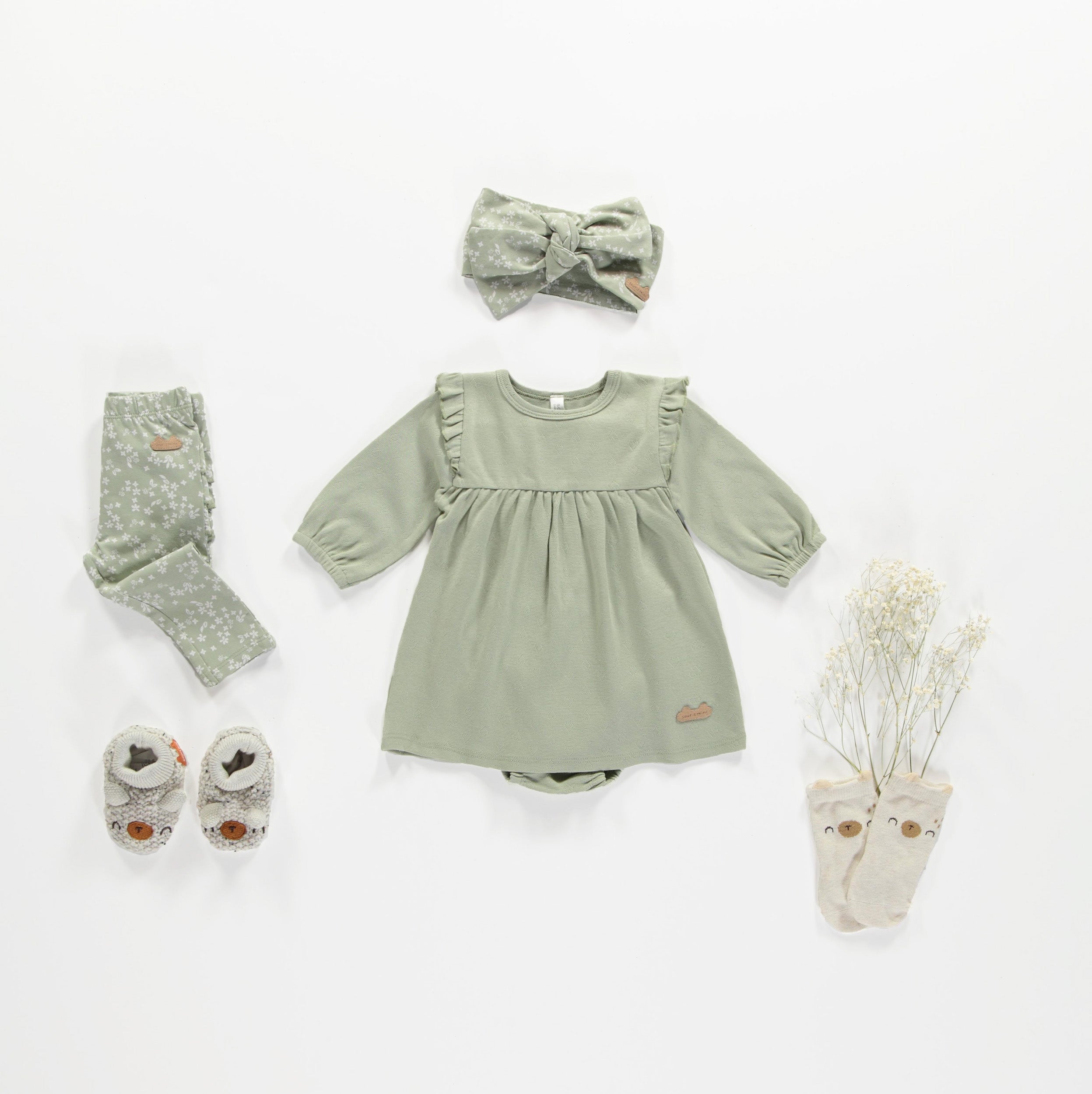 Floral sage green leggings with ruffles in jersey, newborn