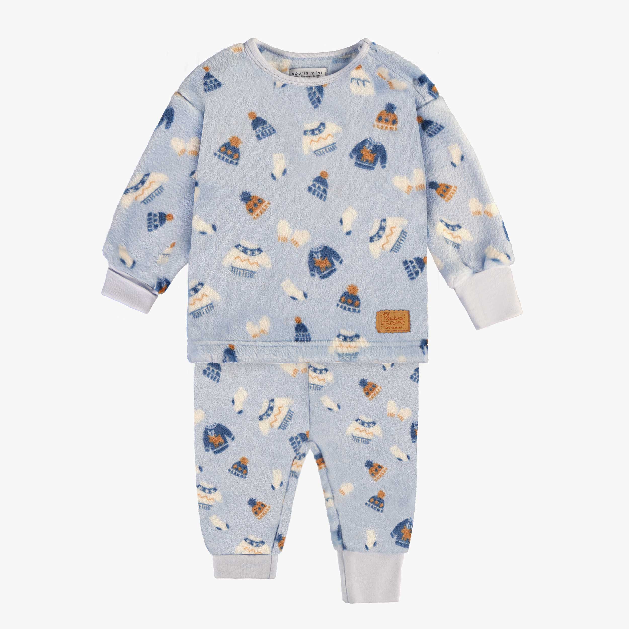 Blue two-piece pajamas with autumnal all over print in plush, baby
