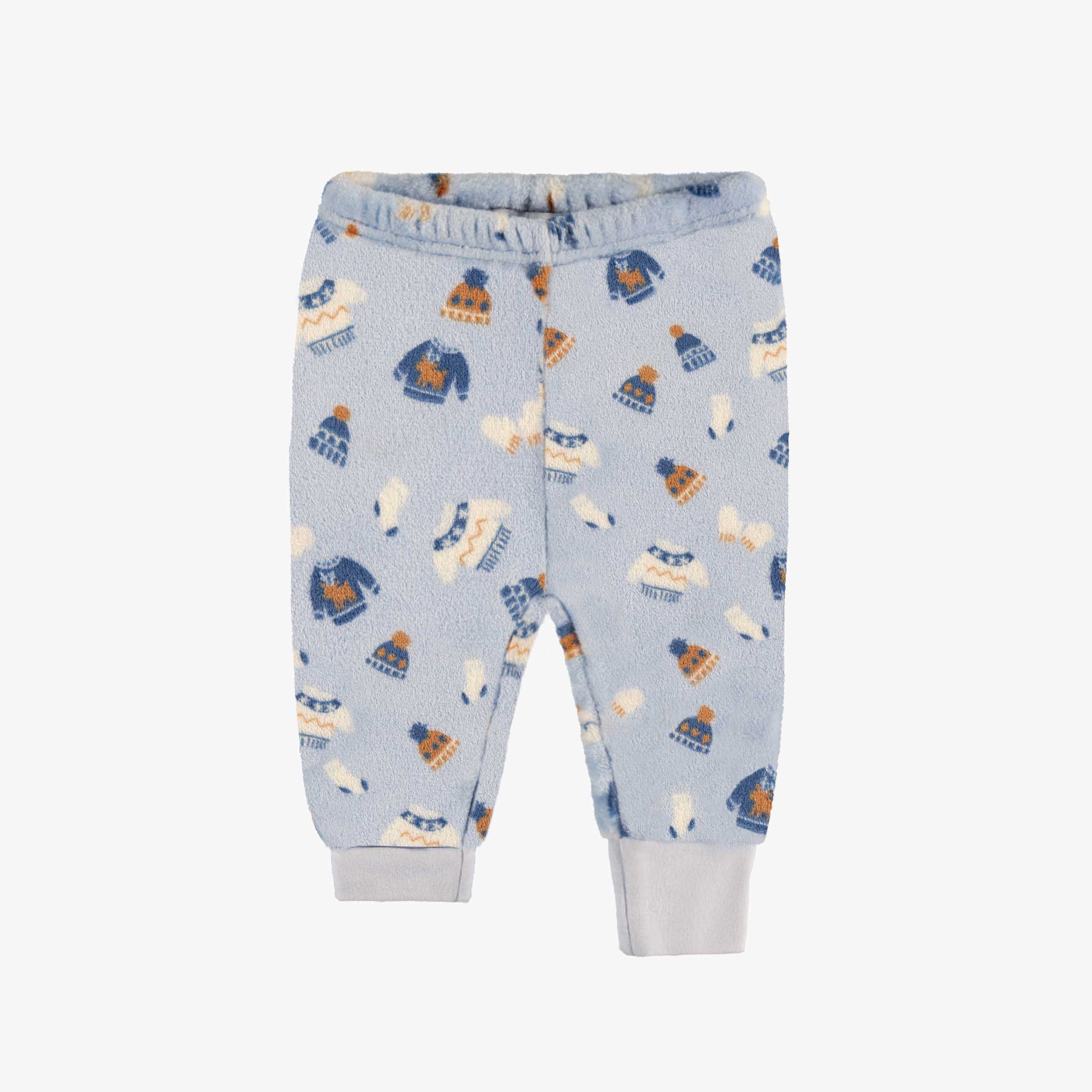 Blue two-piece pajamas with autumnal all over print in plush, baby