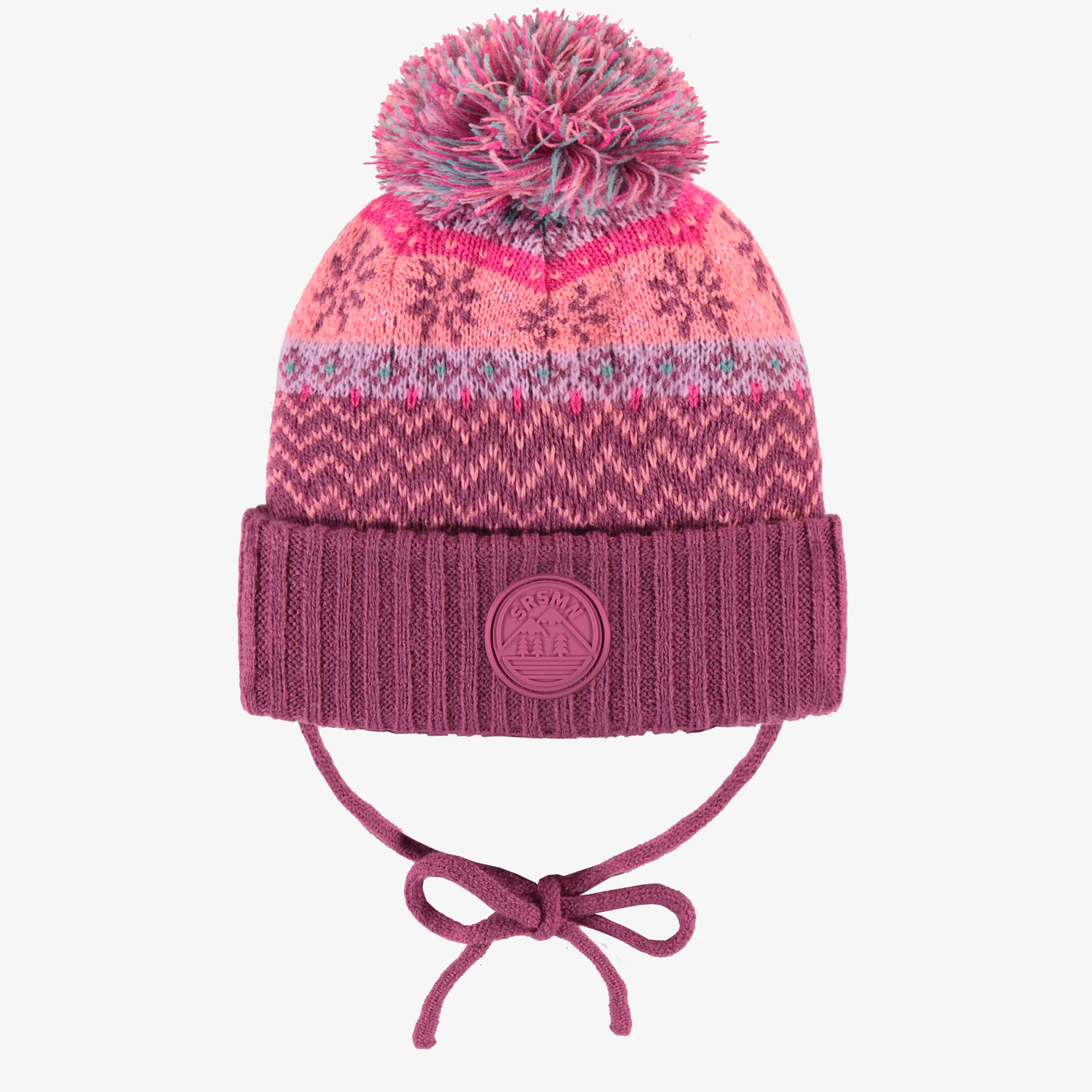 Tuque en tricot rose, pêche et turquoise à motifs avec pompon, bébé