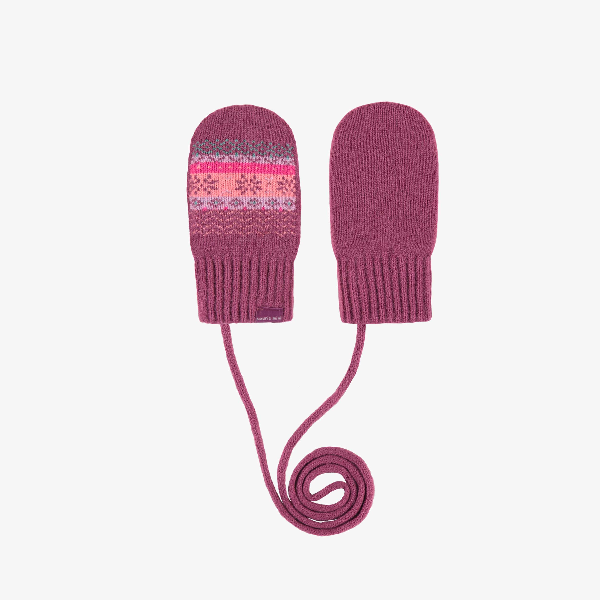 Mitaines roses, pêche et turquoise à motifs avec cordon en tricot, bébé