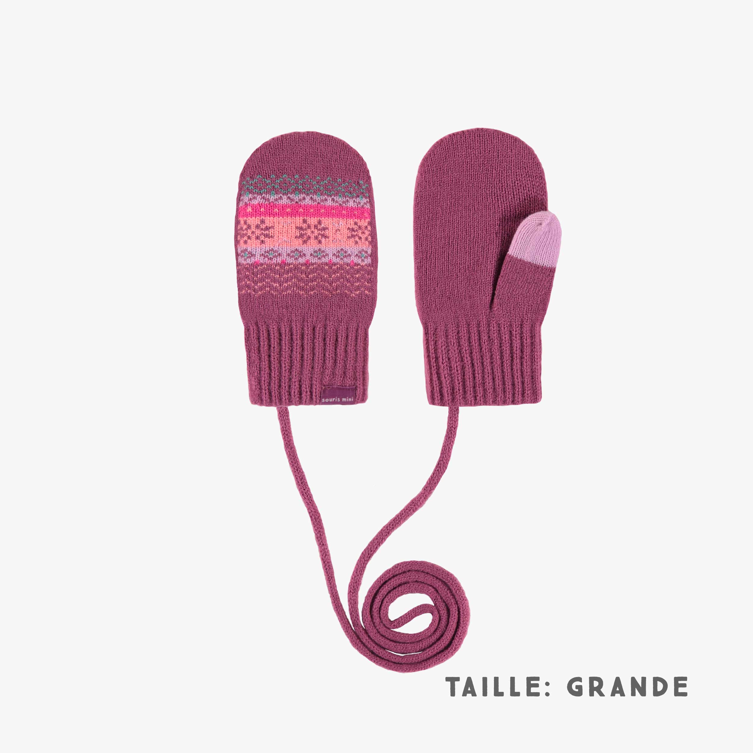 Mitaines roses, pêche et turquoise à motifs avec cordon en tricot, bébé