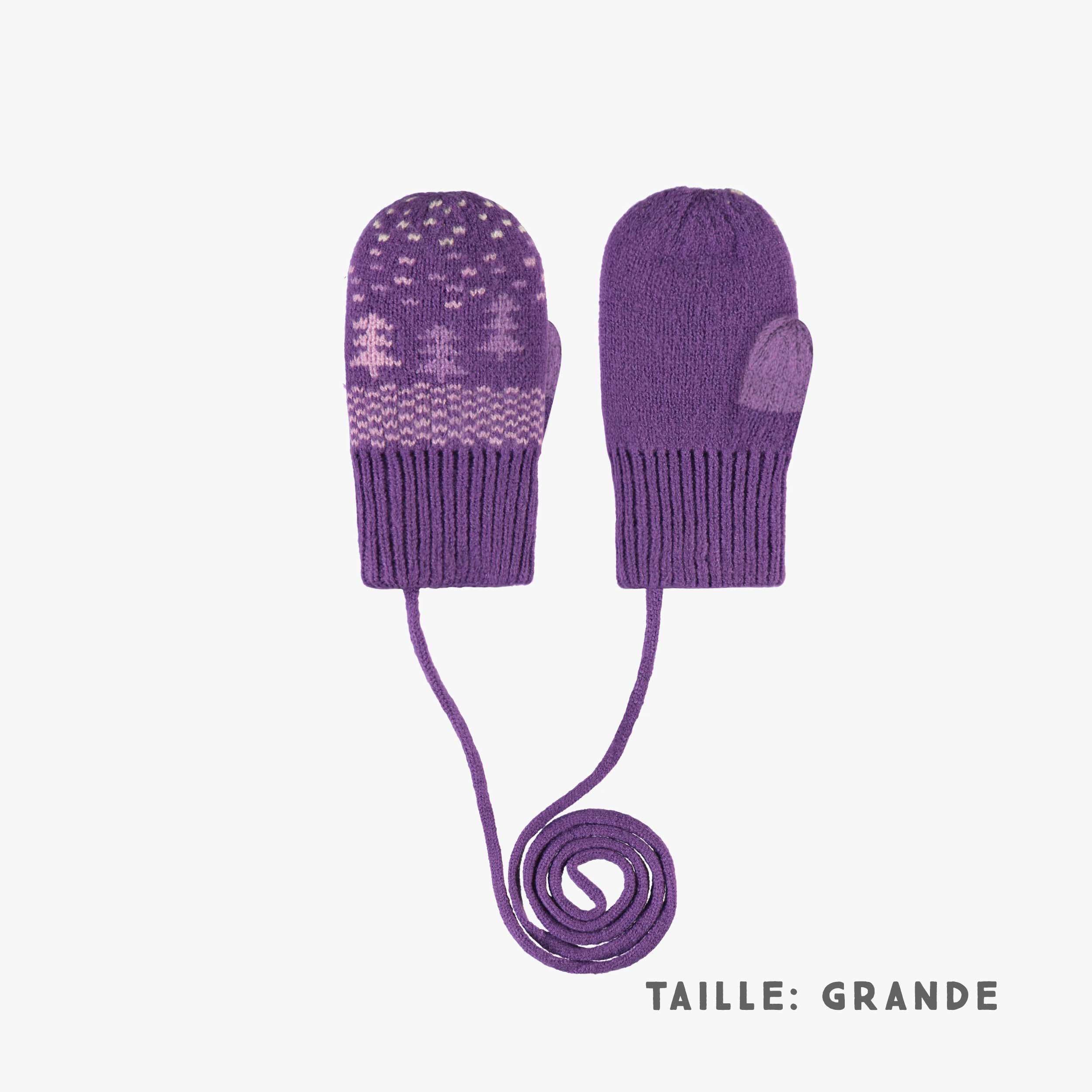 Mitaines mauves à motifs avec cordon en tricot, bébé