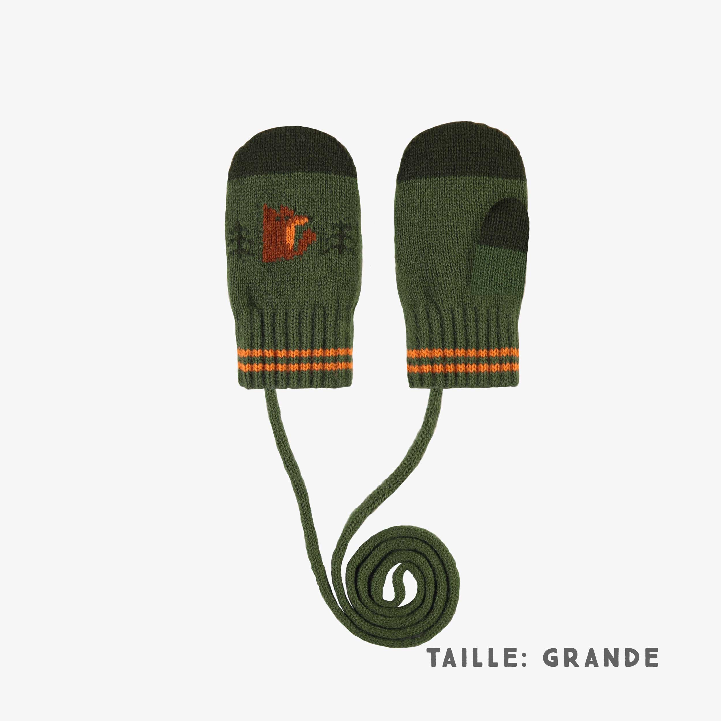 Mitaines verte et orange à motifs avec cordon en tricot, bébé