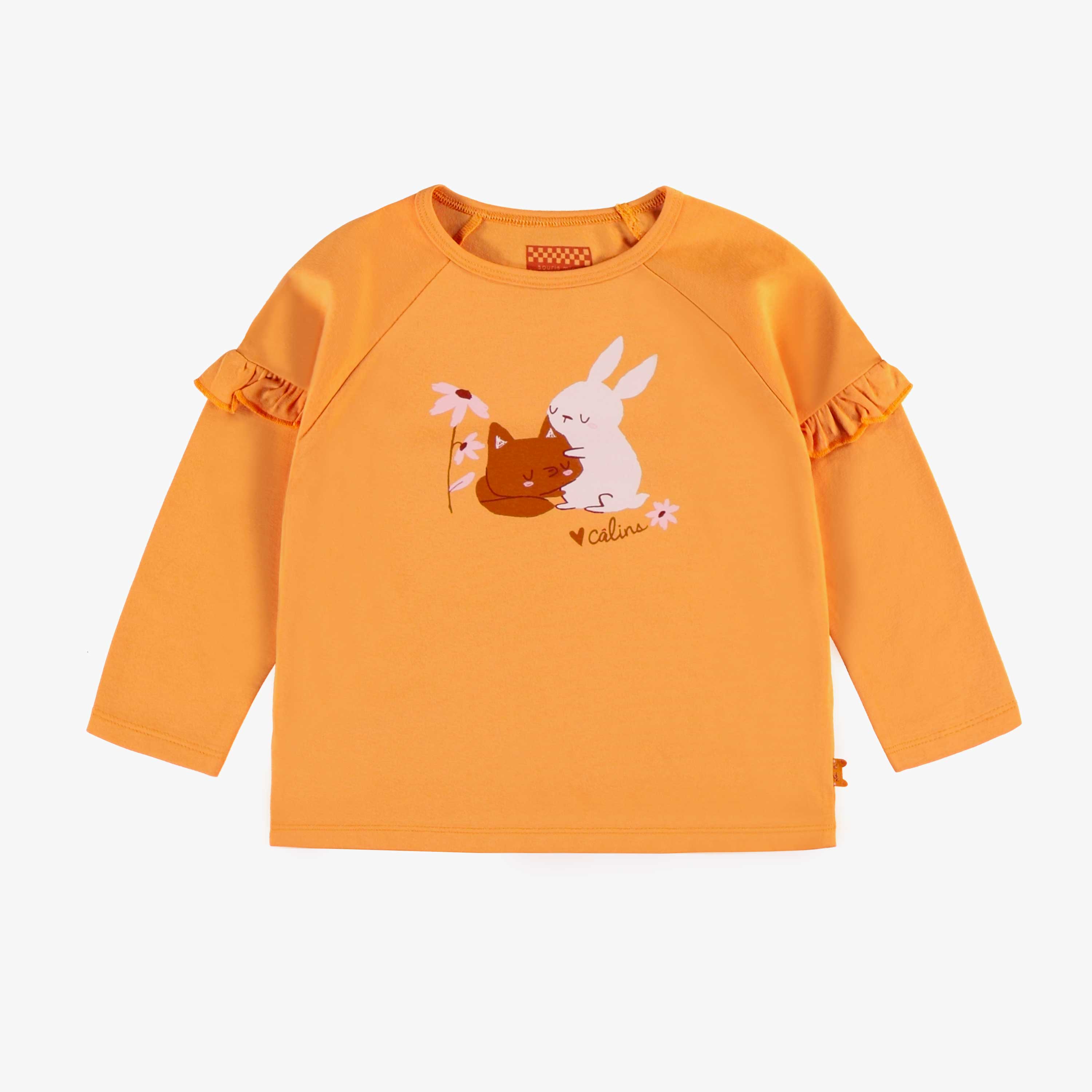 T-shirt abricot à manches longues avec volants à illustration en jersey extensible, bébé